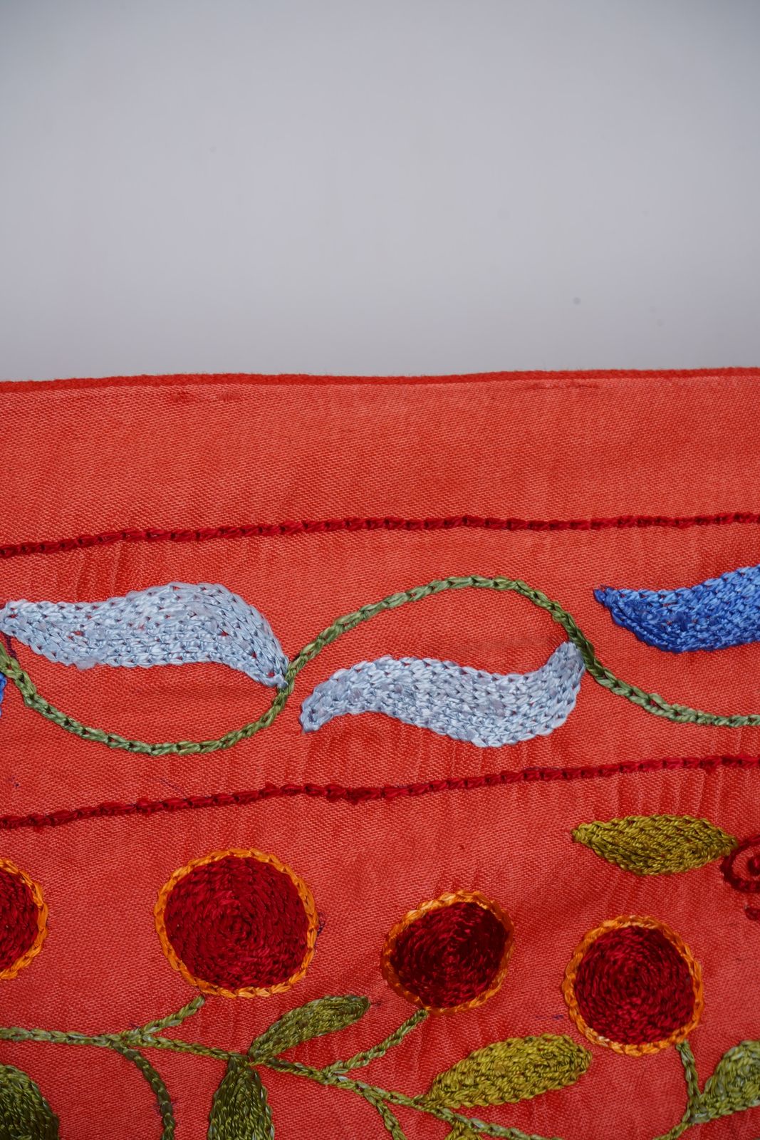 photo furniture Red Suzani Embroidered Wall Hanging With Peacocks – Silk Cotton Boho Textile 3'4'' X 6'1''