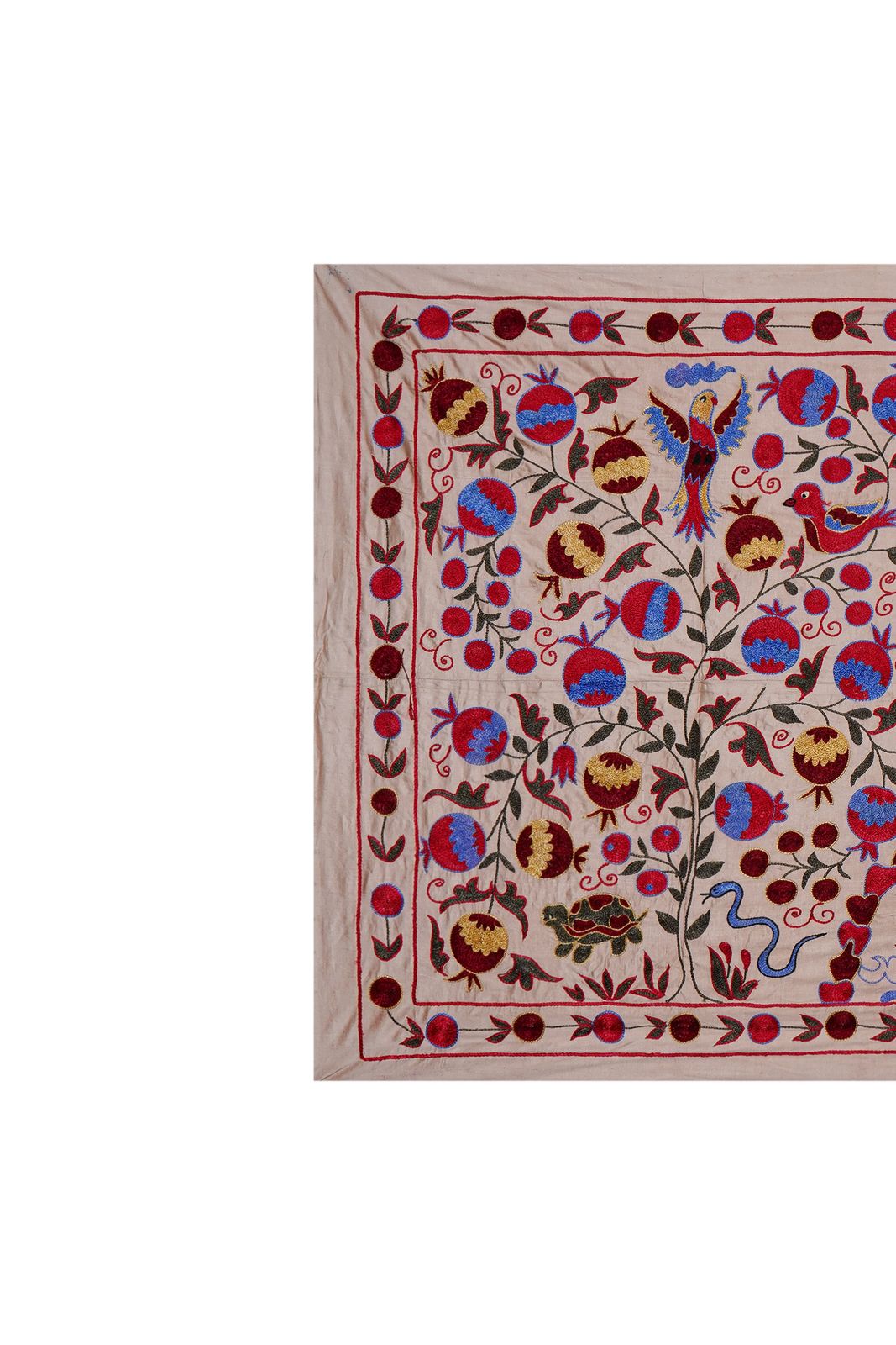 Handcrafted Uzbek Suzani Wall Tapestry – Folk Art Bird & Tree Design Decor 3'5'' X 6'1'' photo for sale