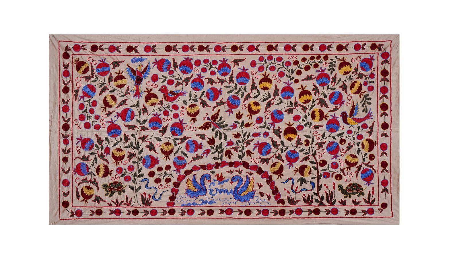 Handcrafted Uzbek Suzani Wall Tapestry – Folk Art Bird & Tree Design Decor 3'5'' X 6'1'' photo vinterior