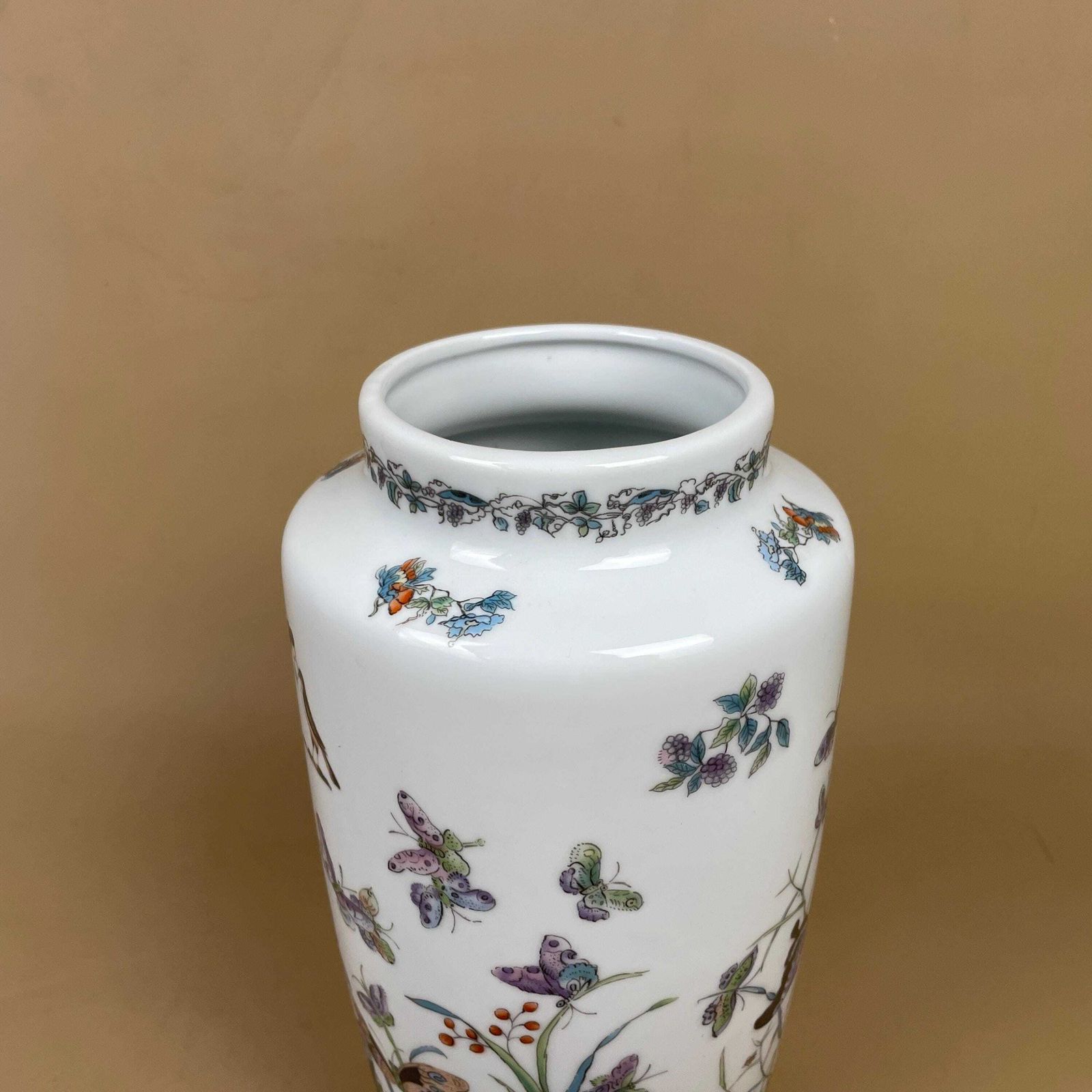 Japanese Aichi Seto Vase Butterfly Floral Hand Painted Planter Flower Display C.1940's Oriental Home Decor Table Flower Display Vintage photo furniture