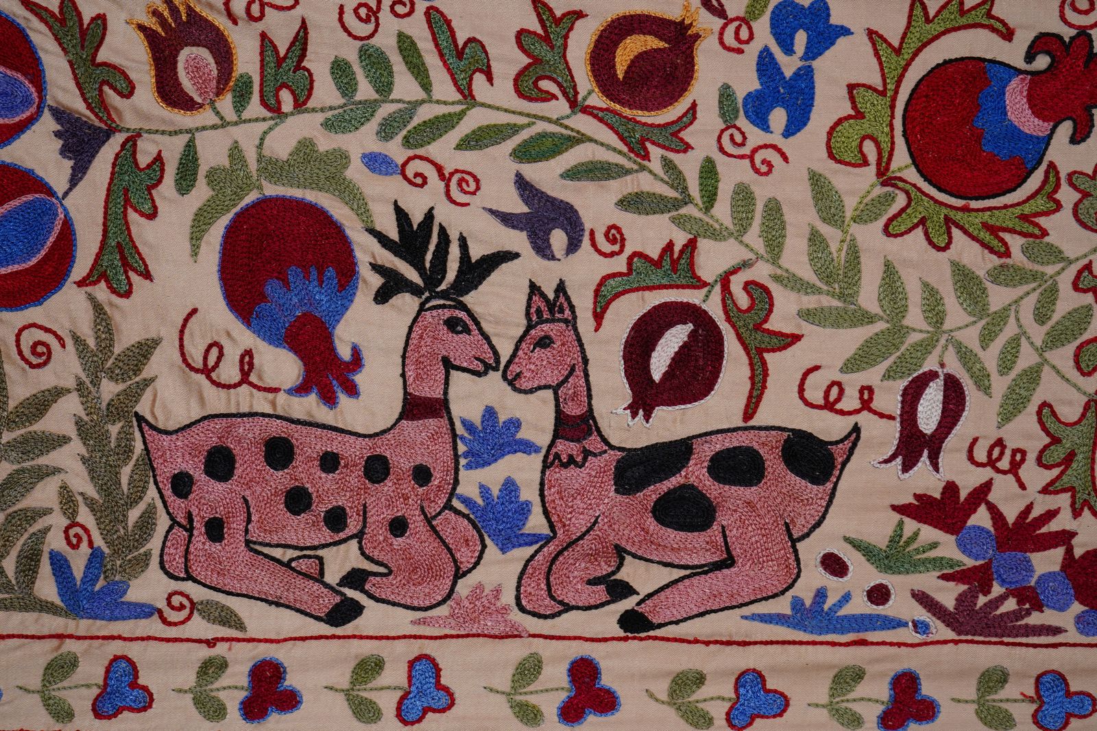 Cream Uzbek Suzani Embroidered Table Runner – Red Pomegranate & Blue Floral Boho Textile 1'8'' X 6'1'' photo Textiles