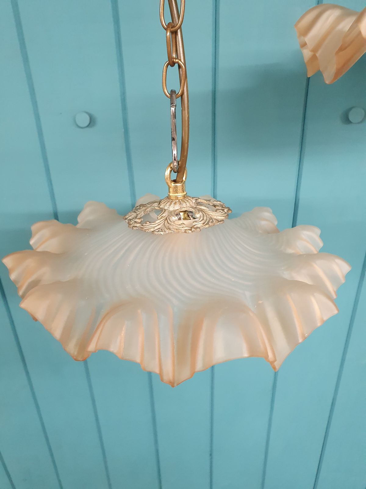 Pair Of Antique French Frilly Glass Pendant 11" photo Lighting