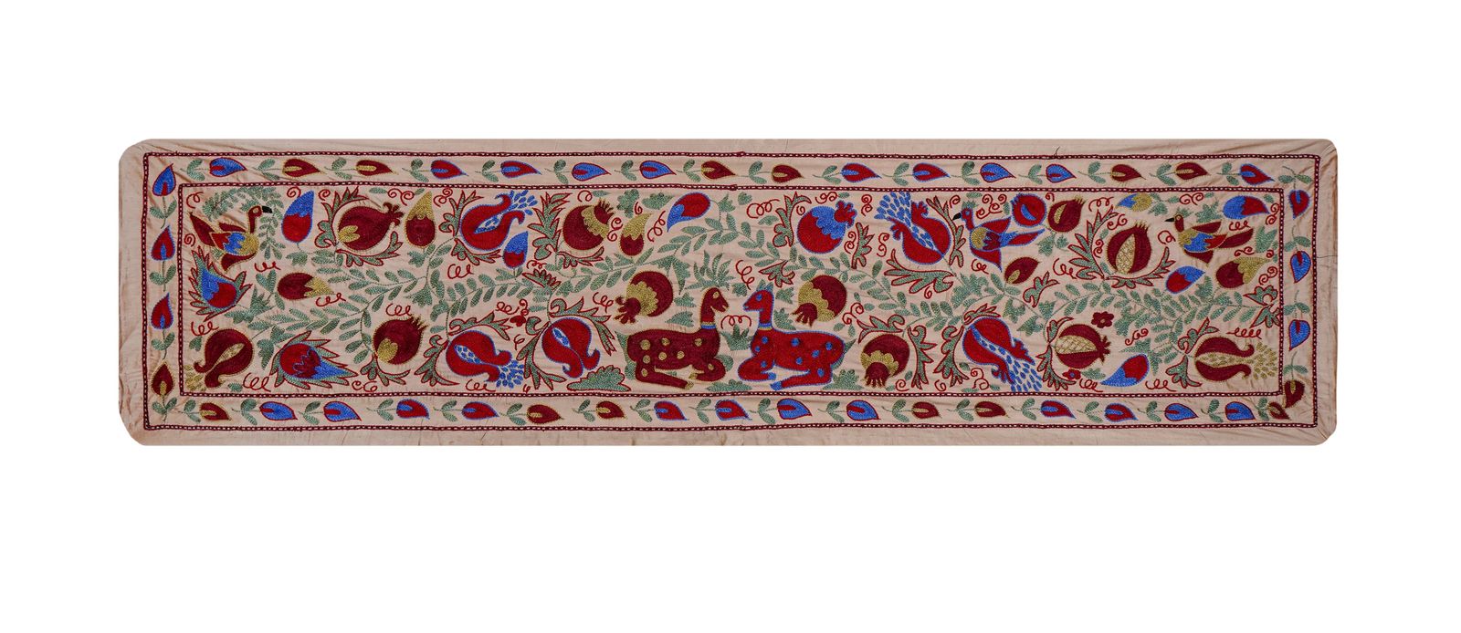 Cream Uzbek Suzani Embroidered Table Runner – Red Pomegranate & Blue Floral Boho Textile 1'8'' X 6'1''