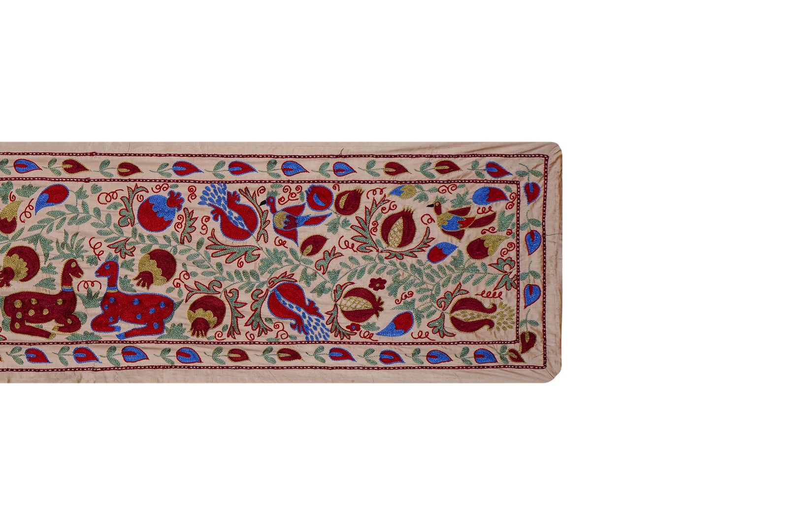 Cream Uzbek Suzani Embroidered Table Runner – Red Pomegranate & Blue Floral Boho Textile 1'8'' X 6'1'' photo Textiles