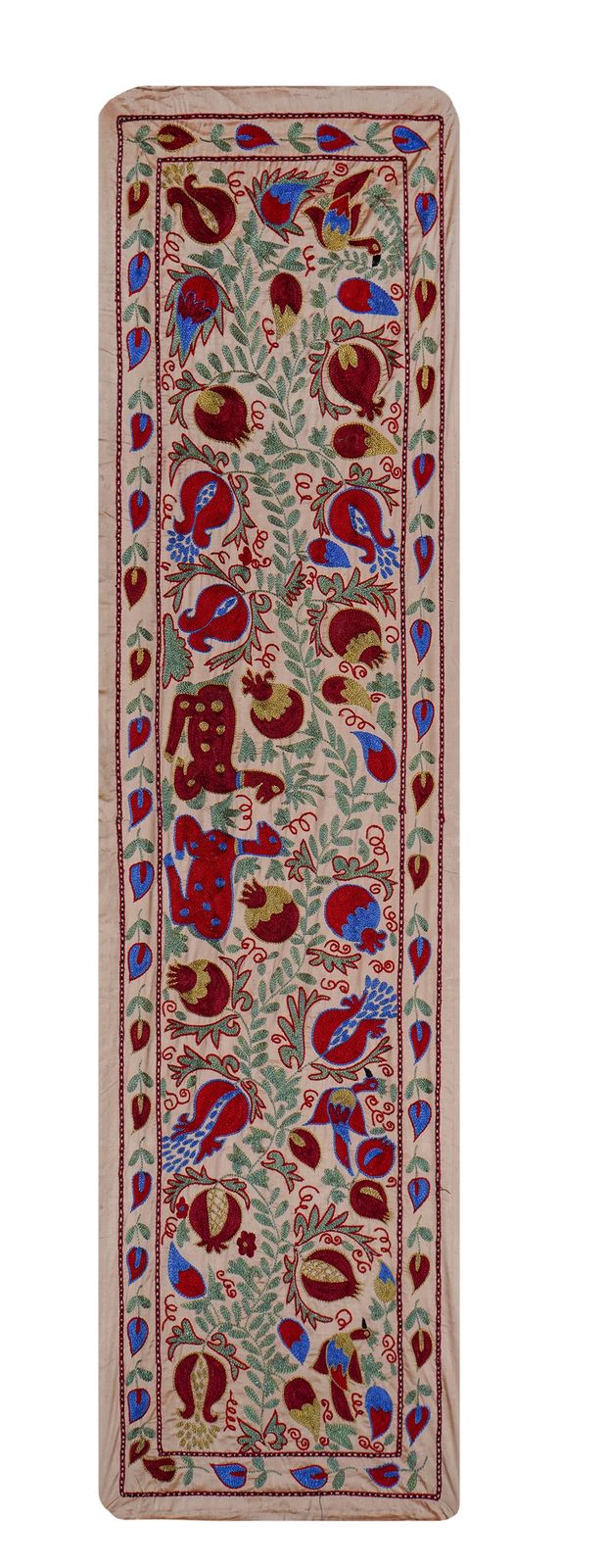 Cream Uzbek Suzani Embroidered Table Runner – Red Pomegranate & Blue Floral Boho Textile 1'8'' X 6'1'' photo buy