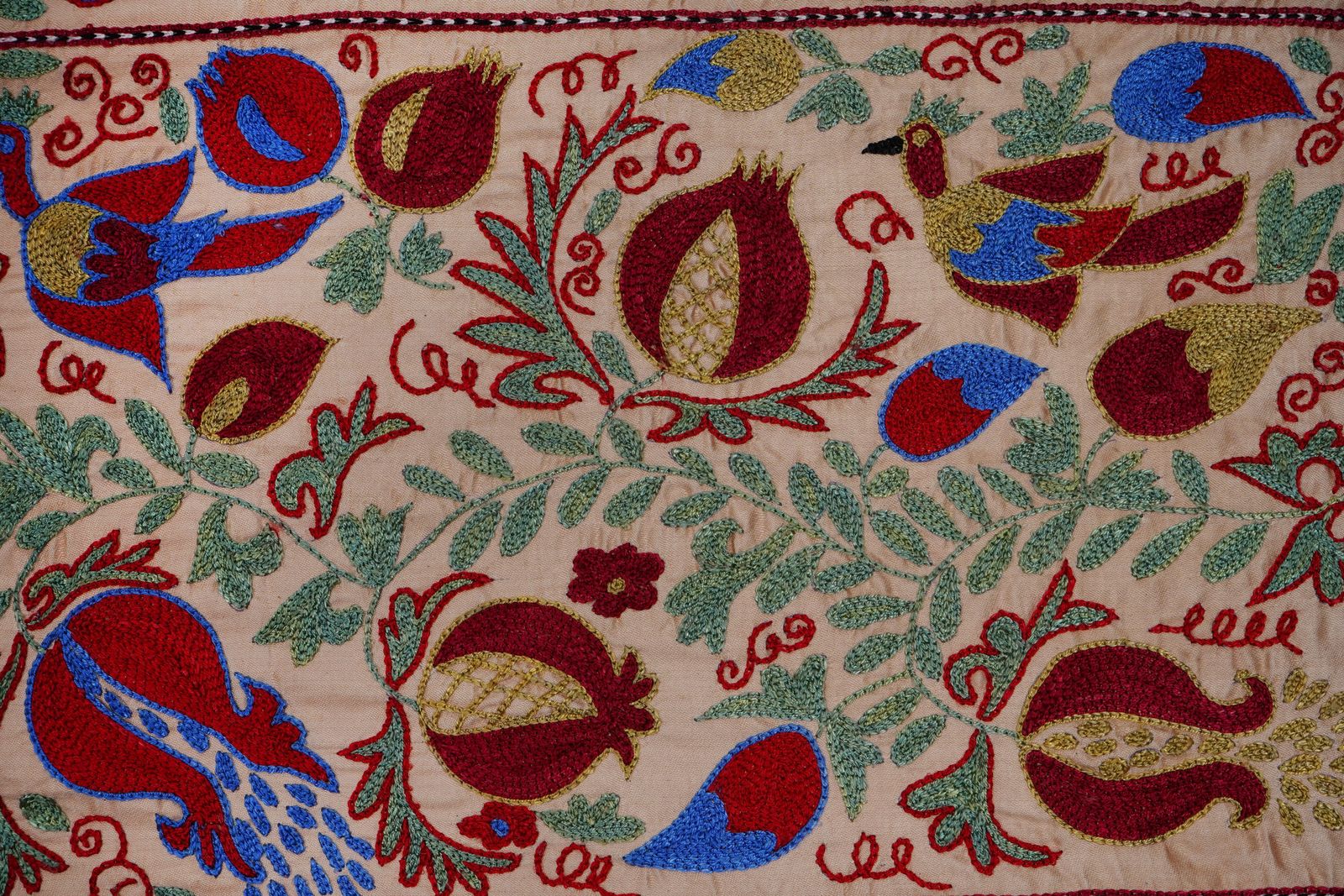 photo furniture Cream Uzbek Suzani Embroidered Table Runner – Red Pomegranate & Blue Floral Boho Textile 1'8'' X 6'1''