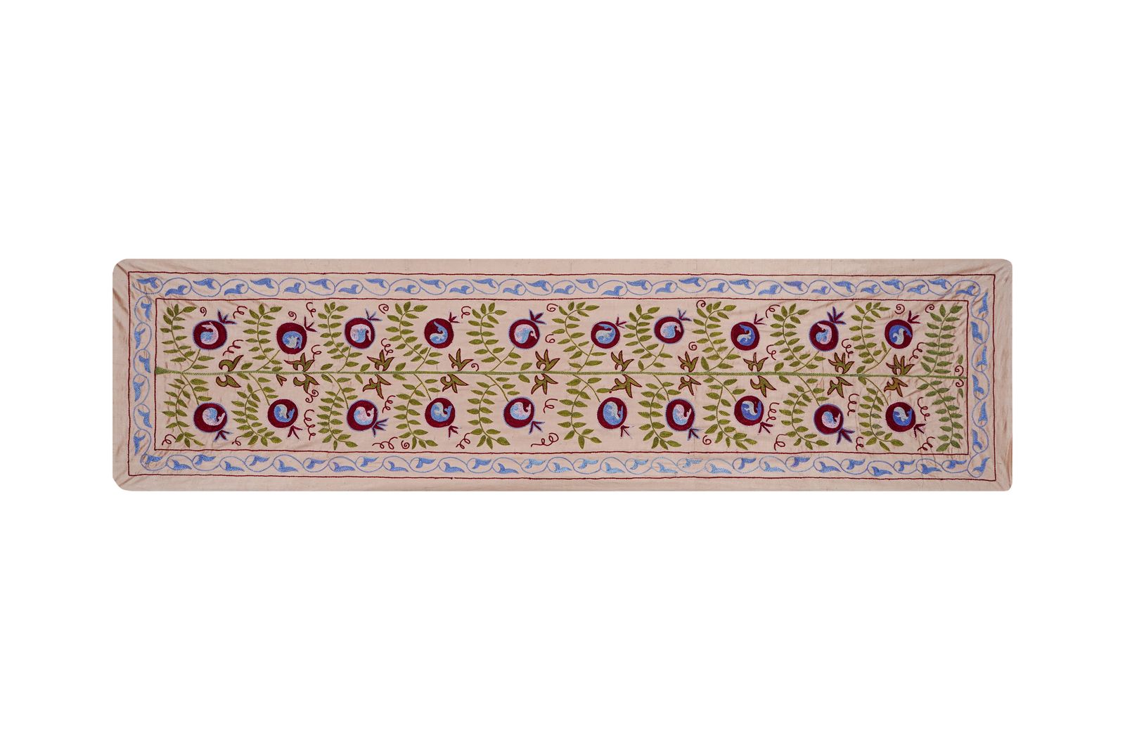 Long Suzani Embroidery Runner – Beige And Green Pomegranate Motif Bohemian Decor 1'7'' X 6'2'' photo furniture