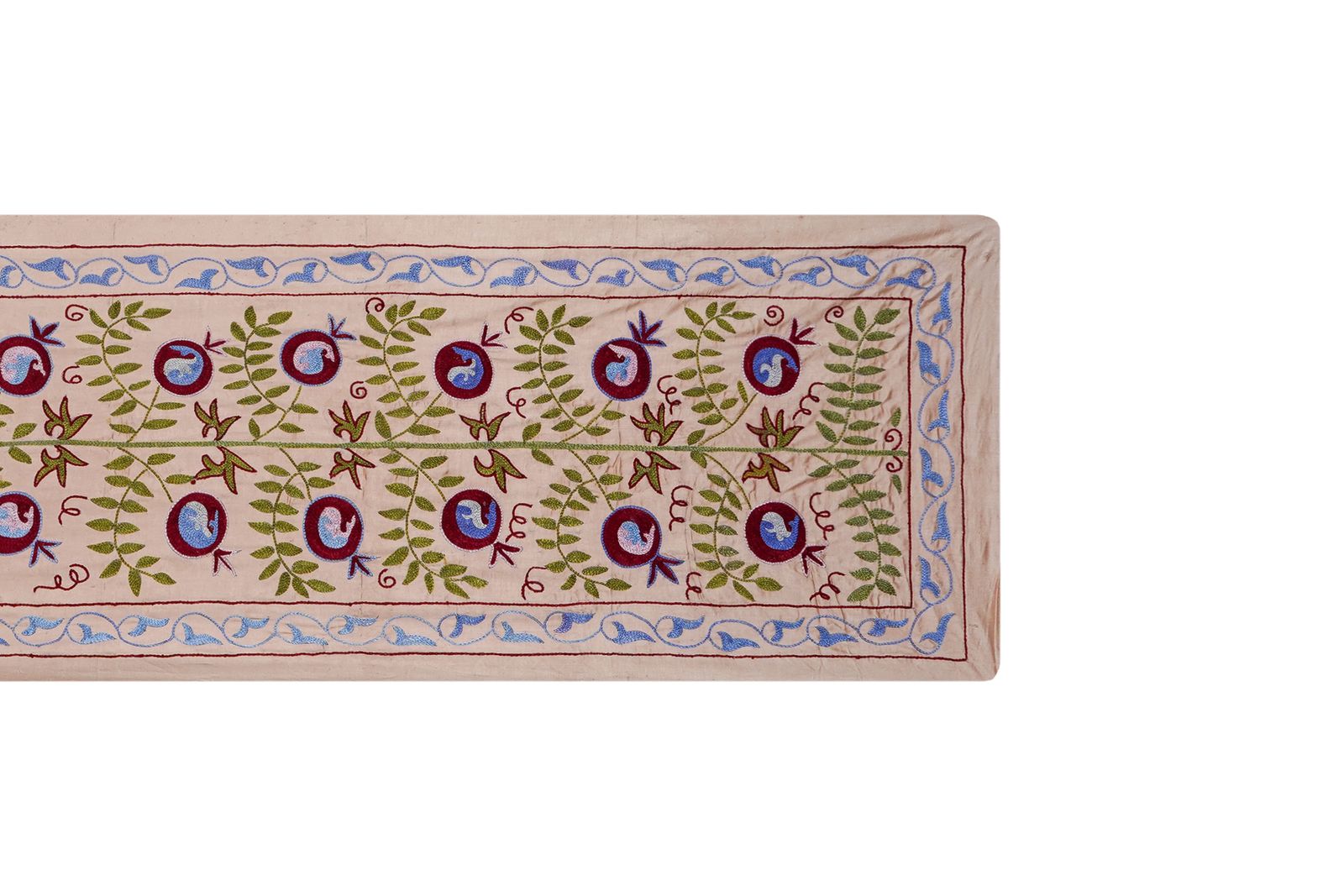 photo furniture Long Suzani Embroidery Runner – Beige And Green Pomegranate Motif Bohemian Decor 1'7'' X 6'2''