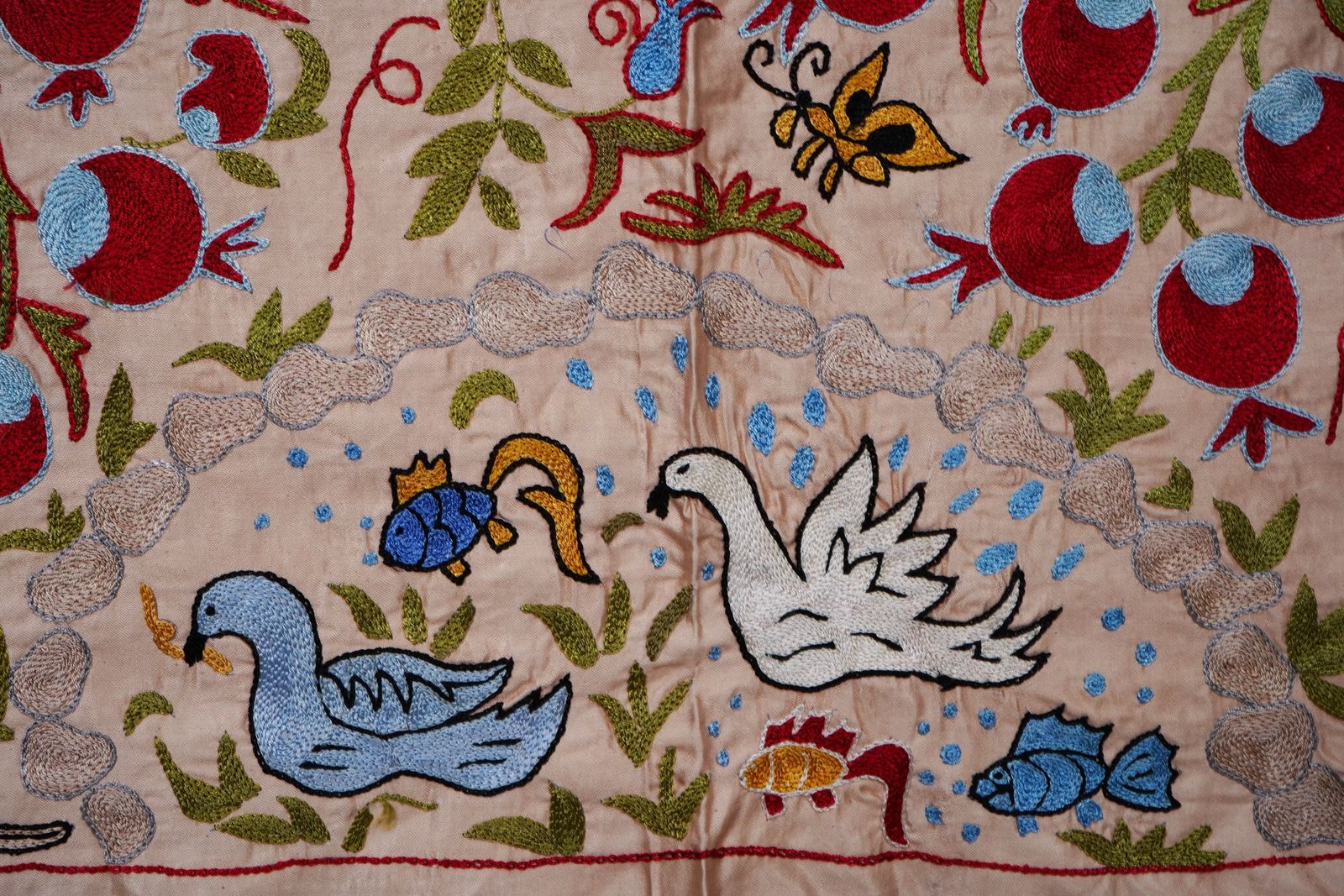 Beige Uzbek Suzani Textile – Silk Blend Red Pomegranate & Bird Motif Wall Art 3'4'' X 6'1'' photo for sale