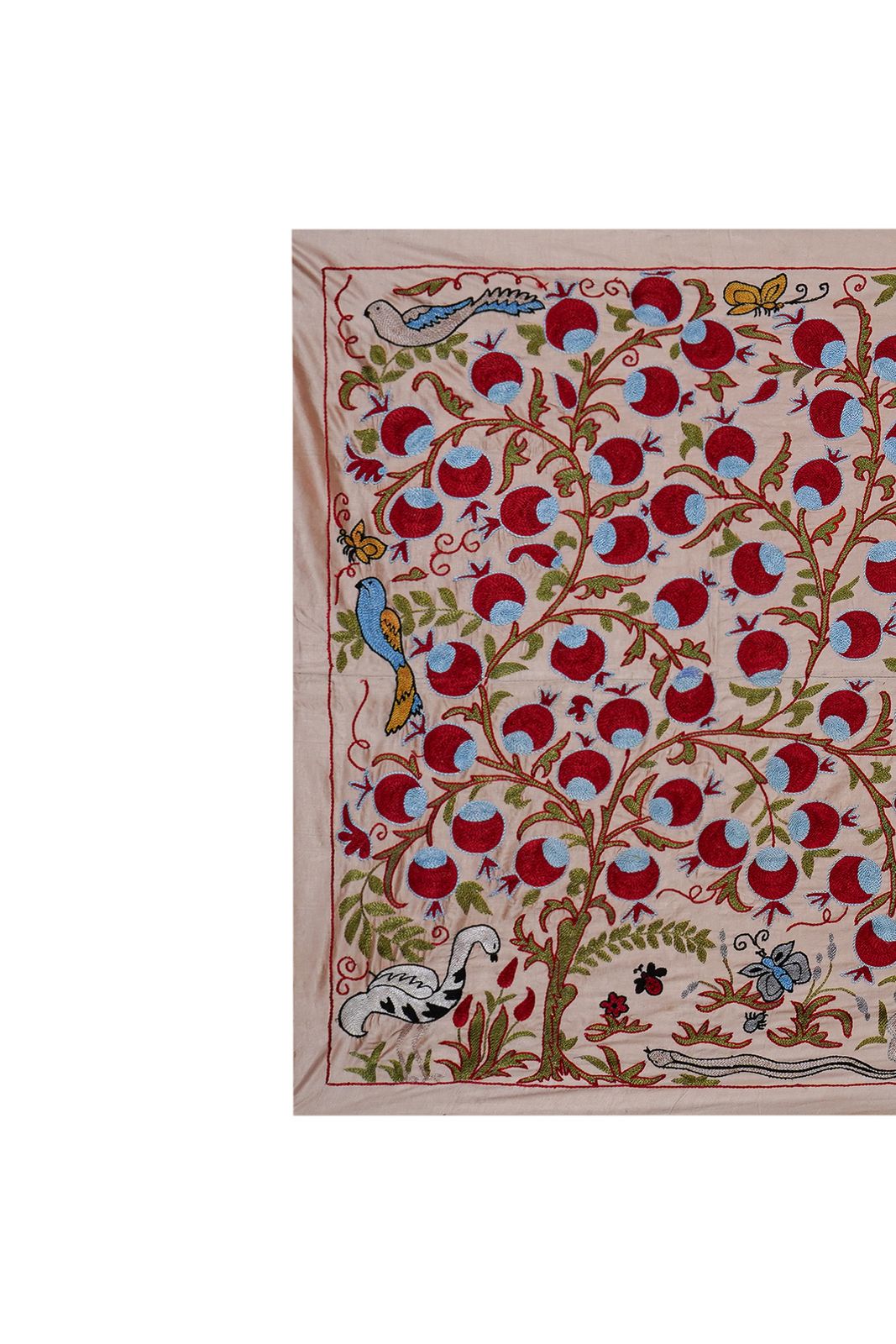 Beige Uzbek Suzani Textile – Silk Blend Red Pomegranate & Bird Motif Wall Art 3'4'' X 6'1'' photo Textiles