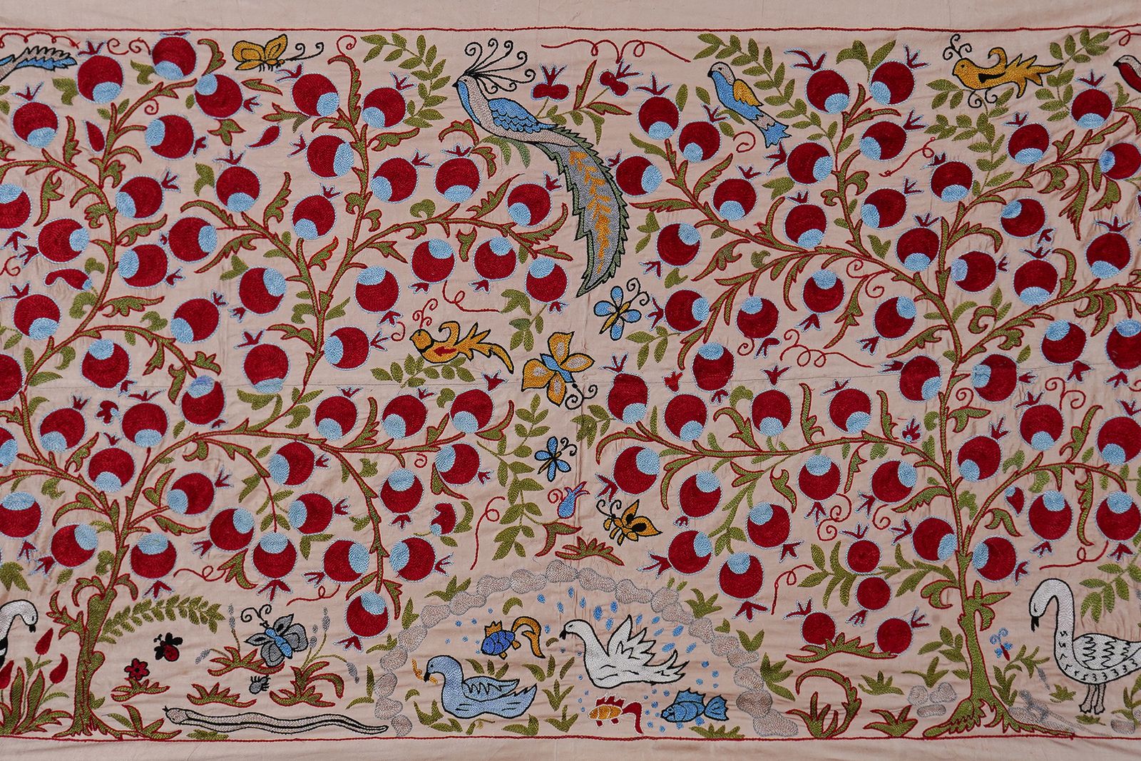 Beige Uzbek Suzani Textile – Silk Blend Red Pomegranate & Bird Motif Wall Art 3'4'' X 6'1'' photo 400.0
