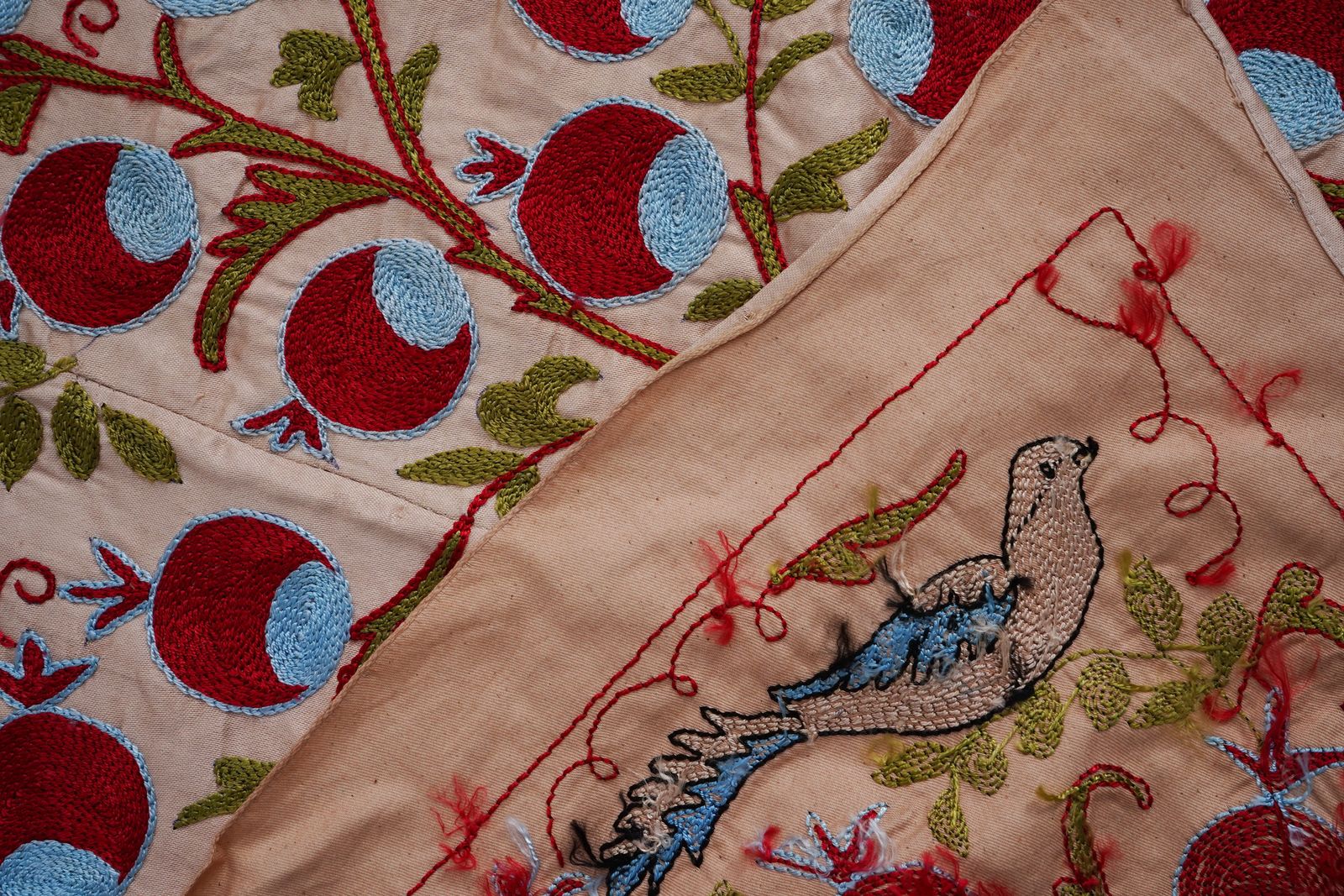 Beige Uzbek Suzani Textile – Silk Blend Red Pomegranate & Bird Motif Wall Art 3'4'' X 6'1'' photo vintage