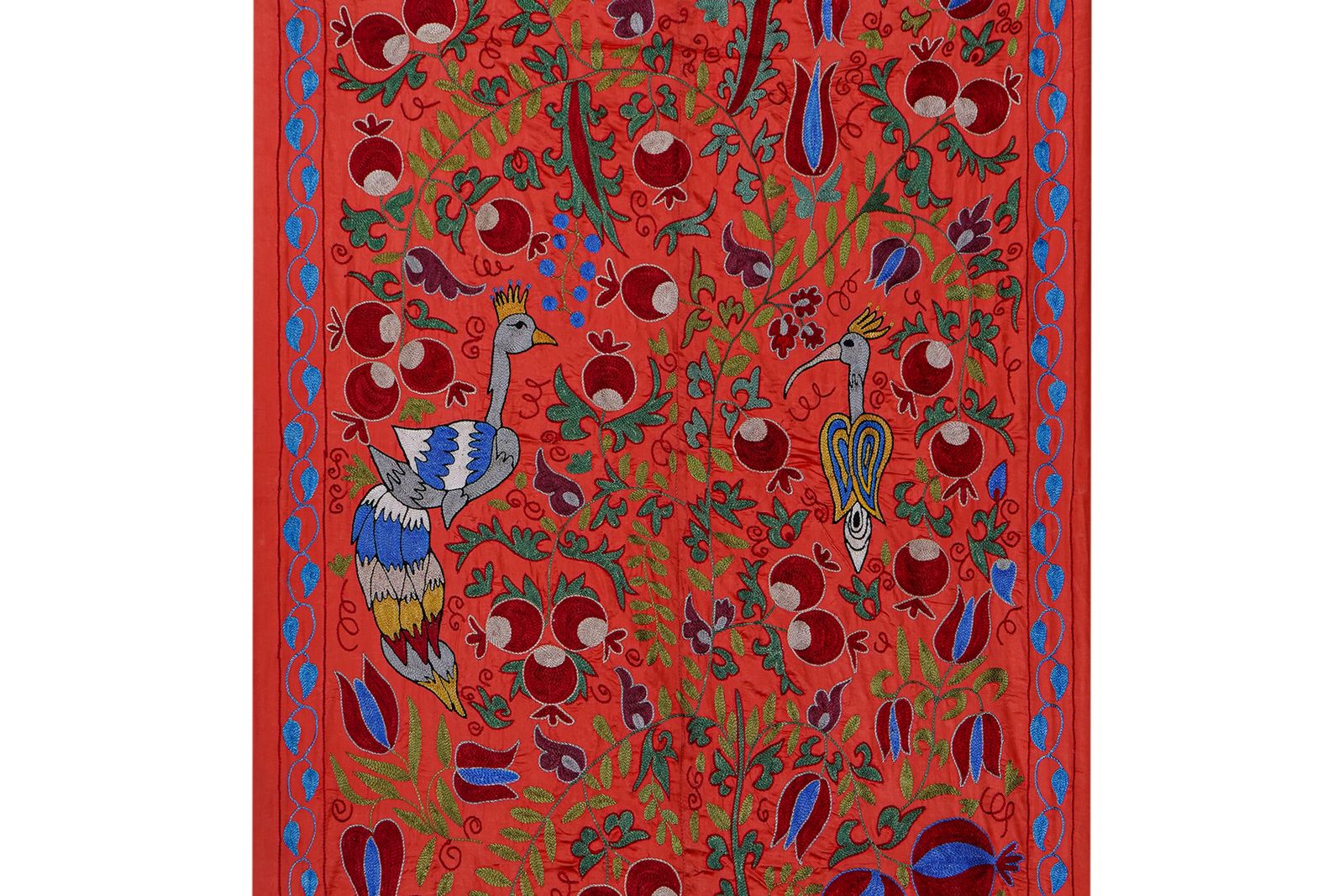 400.0 Red & Blue Uzbek Suzani Wall Hanging – Pomegranate Tree And Bird Embroidered Textile 3'4'' X 6'1'' photo
