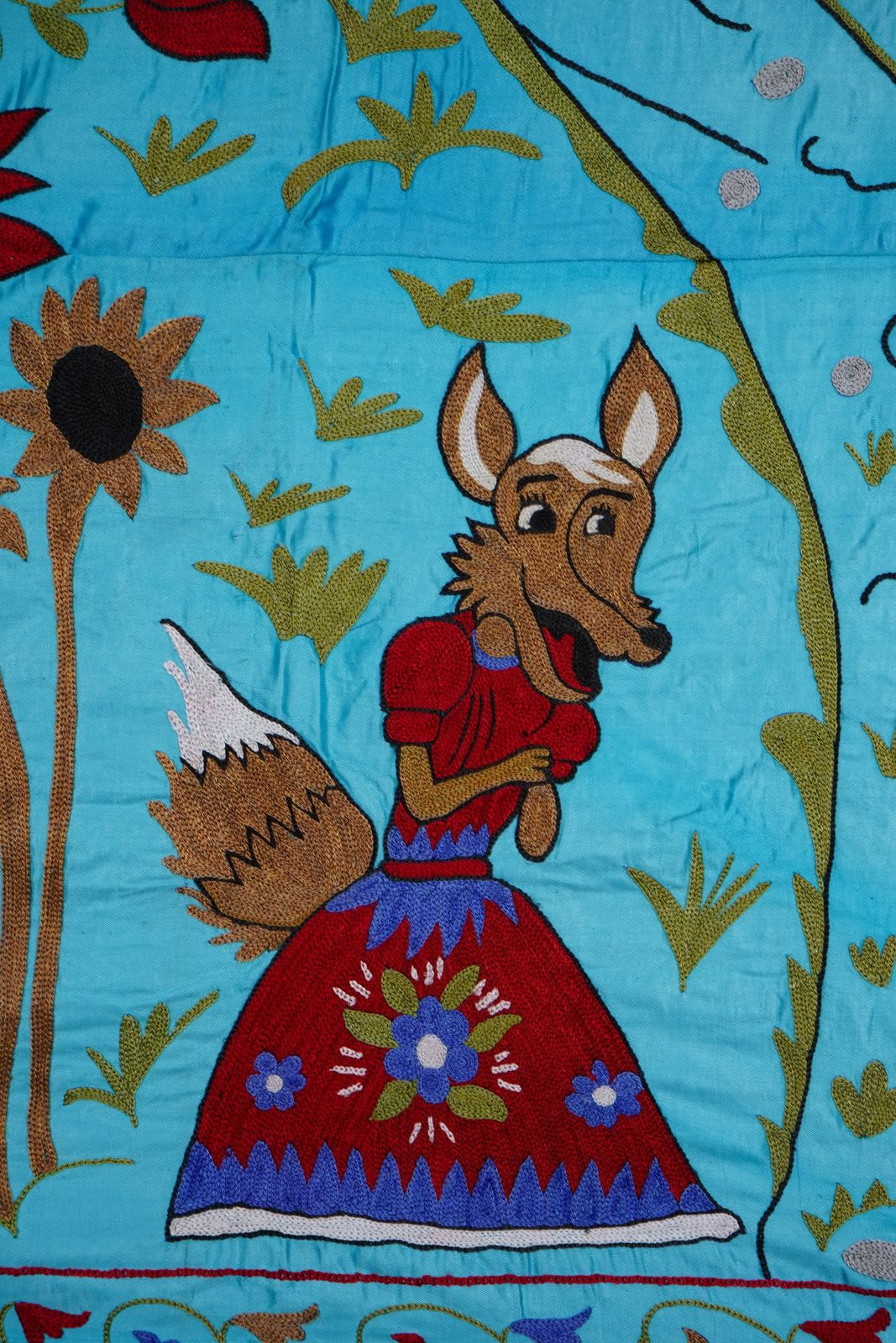 Blue Uzbek Suzani Wall Hanging – Folk Animal Scene Embroidered Textile Art 3'4'' X 6'2'' photo for sale