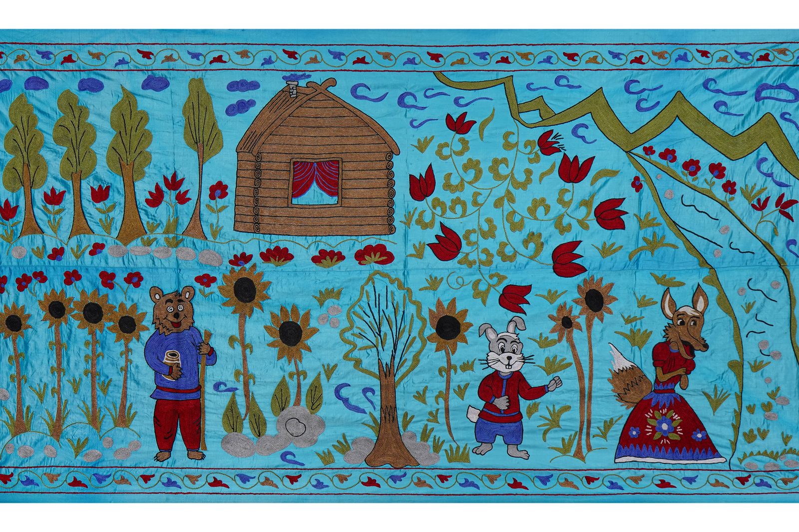 photo furniture Blue Uzbek Suzani Wall Hanging – Folk Animal Scene Embroidered Textile Art 3'4'' X 6'2''