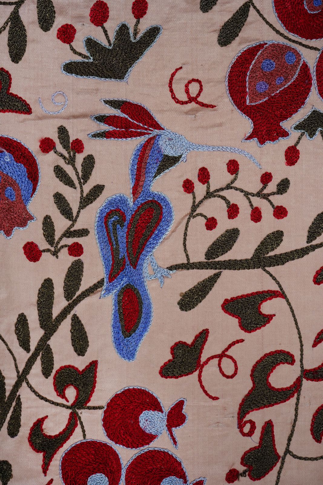 Beige Uzbek Suzani Wall Hanging – Tree Of Life Pomegranate Embroidery Textile Art 3'5'' X 6'2'' photo Textiles