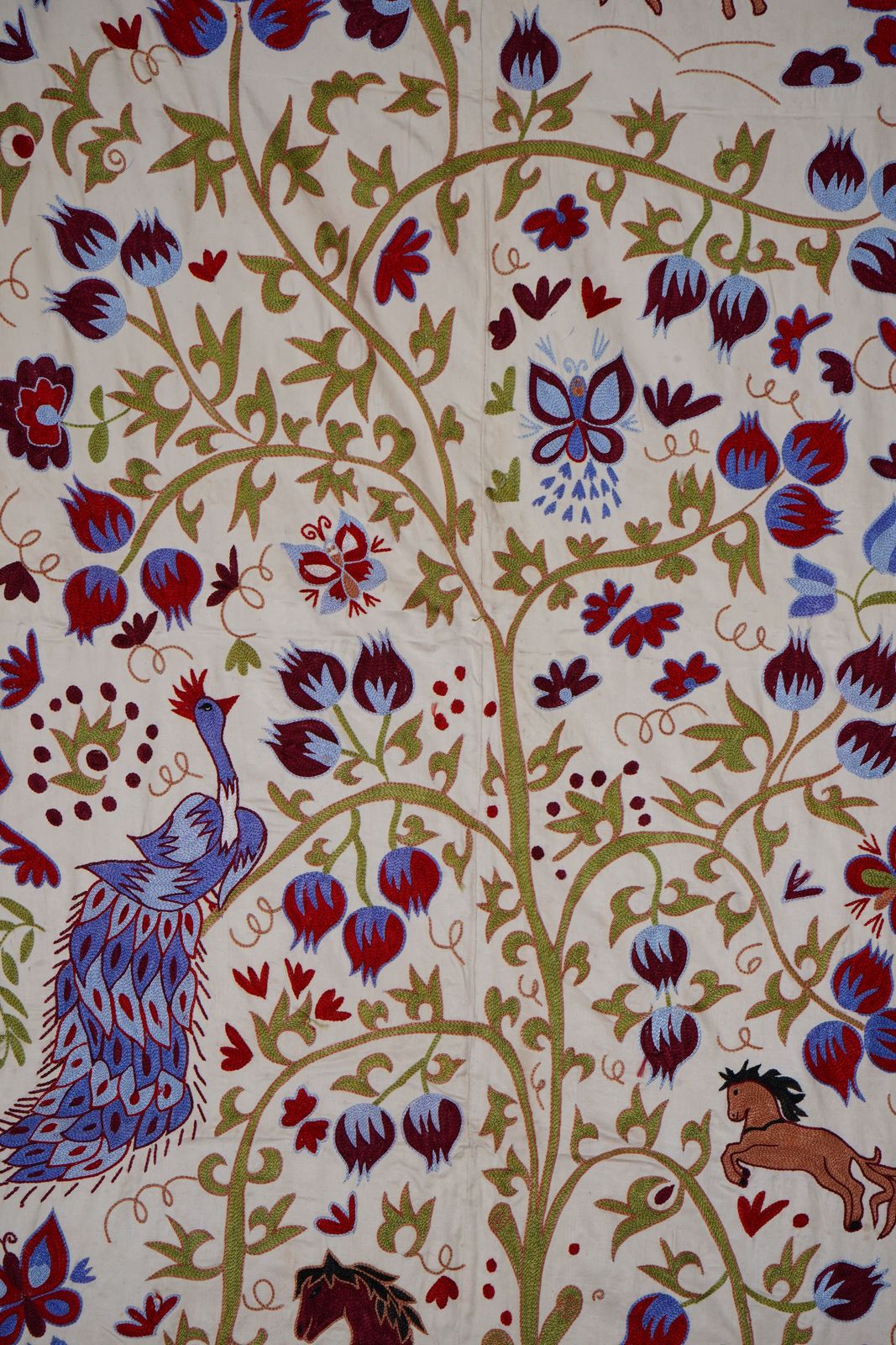 Uzbek Suzani Embroidered Wall Hanging – Peacock, Horse & Tree Of Life Design 3'6'' X 6' photo furniture