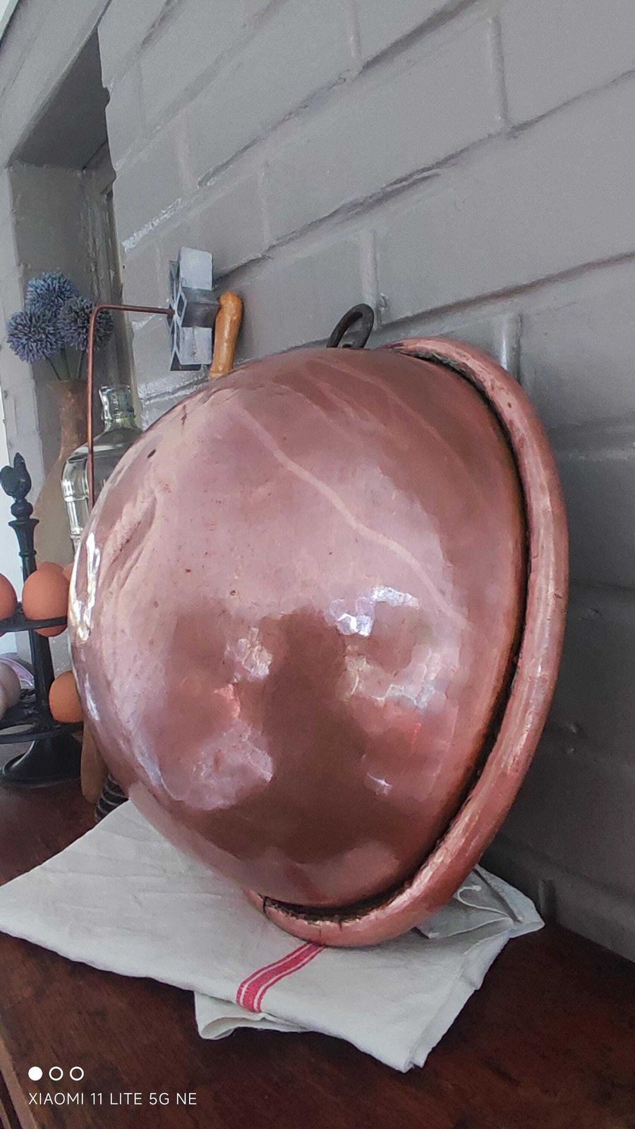 Antique Heavy Copper French Egg Omelette Mixing Whisking Bowl, Large Cul De Poule photo Home Decor