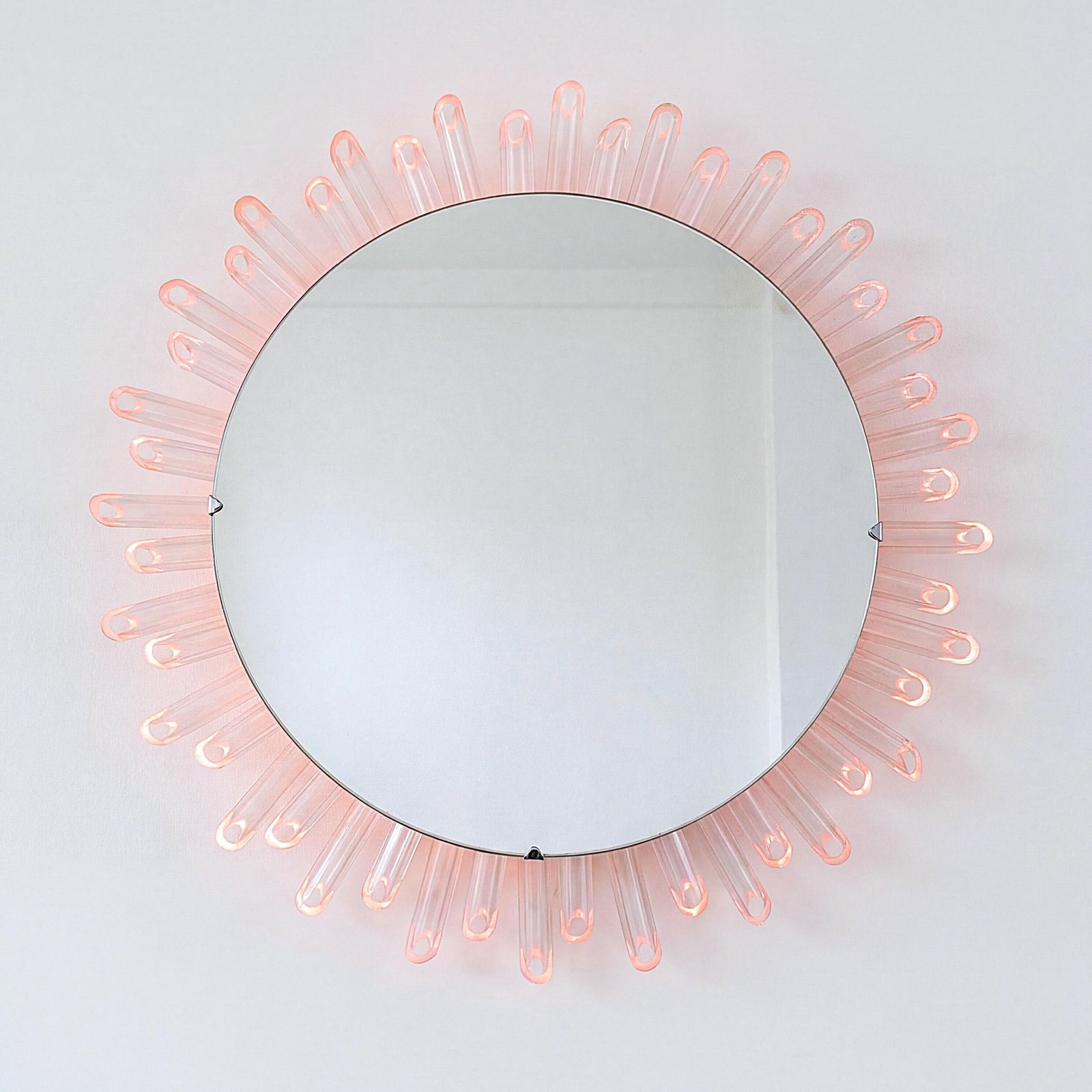Mid Century Modern Sun Mirror Wall Mirror In Lucite With Pink Light, 1970s