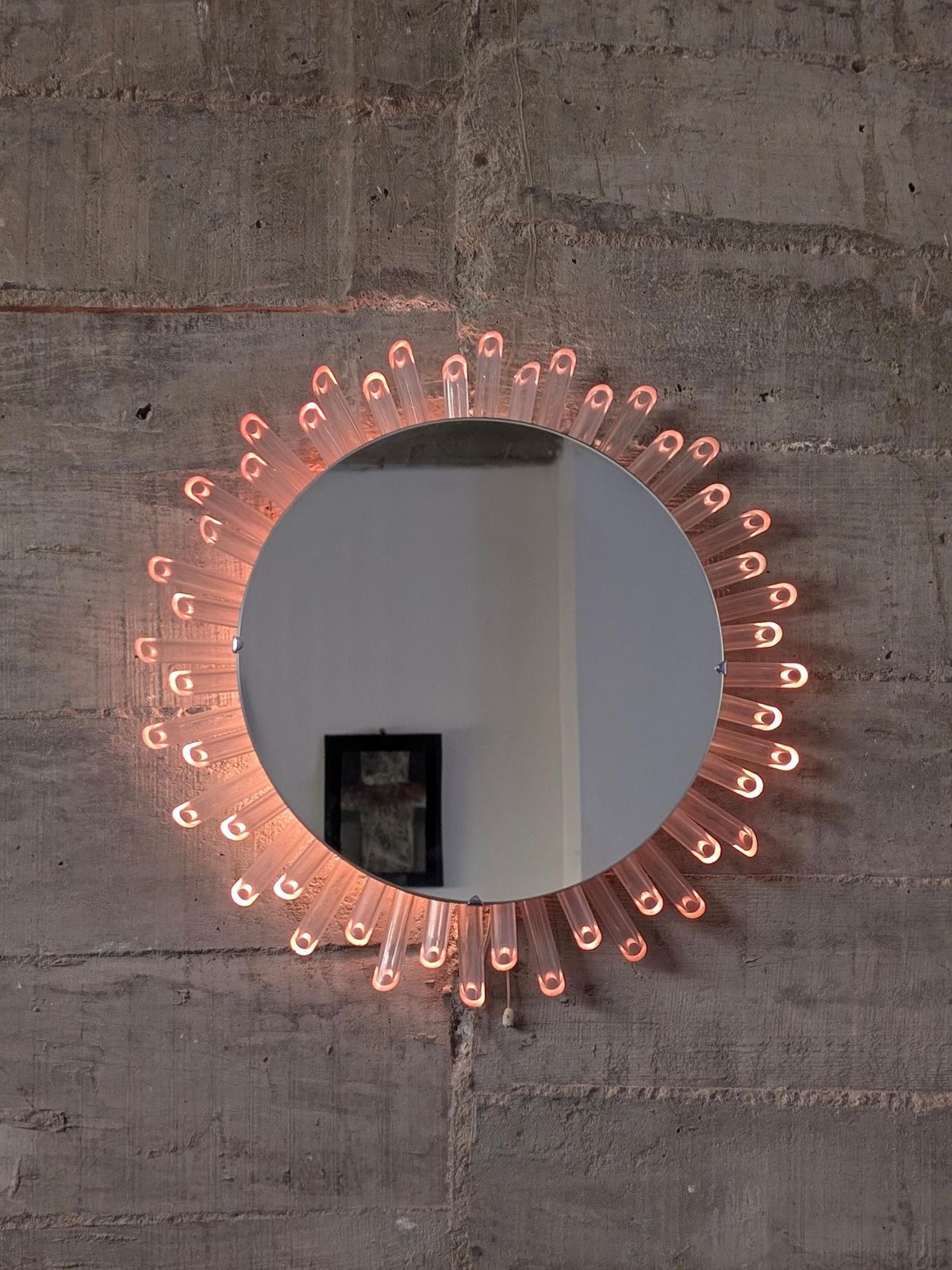 Mid Century Modern Sun Mirror Wall Mirror In Lucite With Pink Light, 1970s photo Home Decor