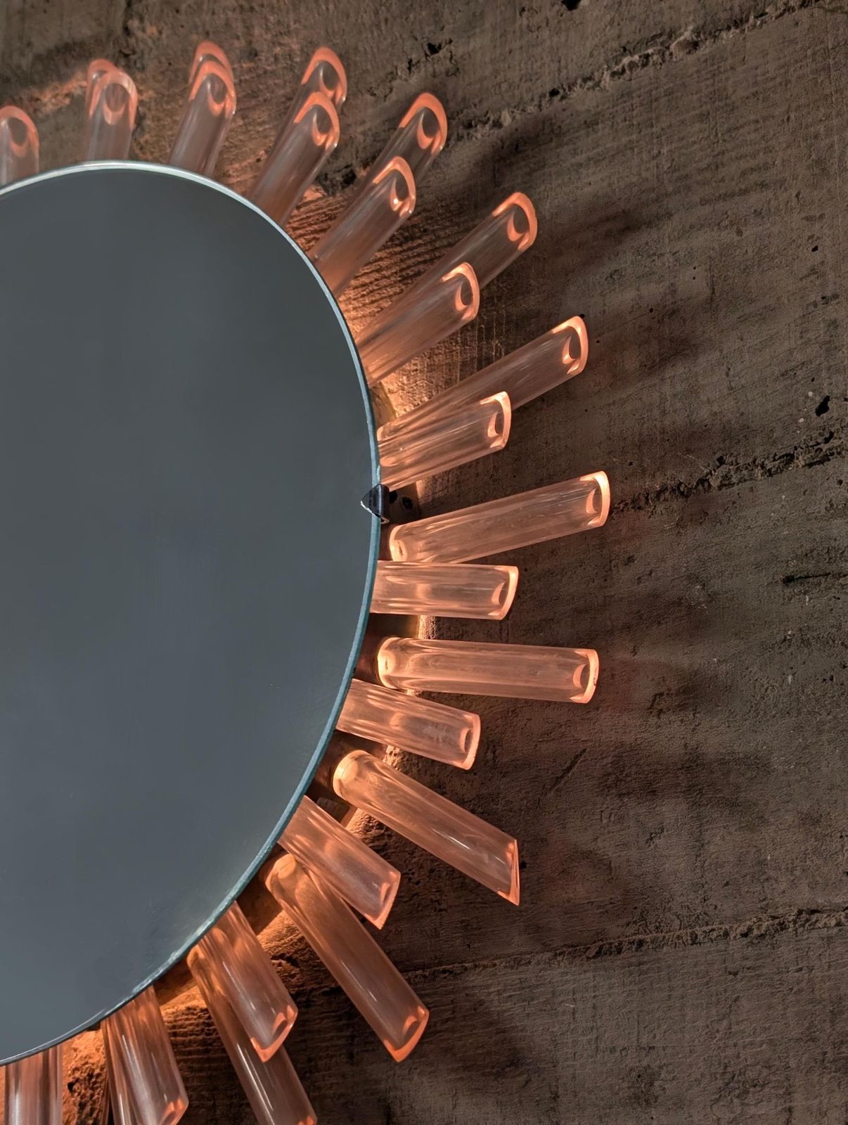 photo furniture Mid Century Modern Sun Mirror Wall Mirror In Lucite With Pink Light, 1970s