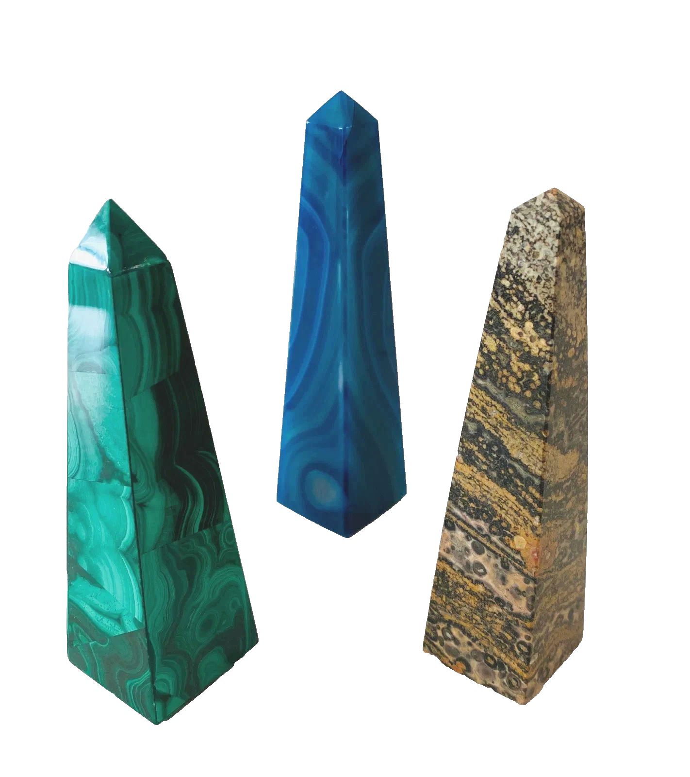 Suite Of Three Brazilian Stone Obelisks, Blue Agate And Malachite XX Century