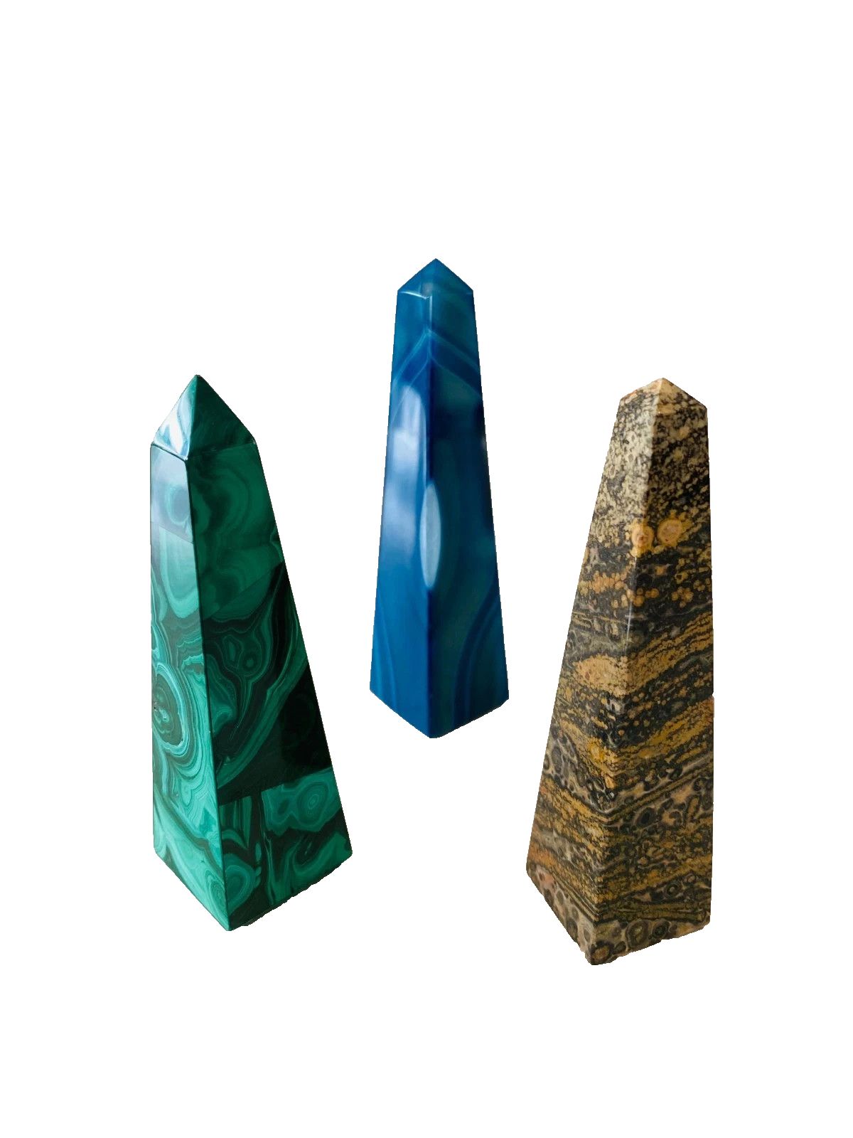 Suite Of Three Brazilian Stone Obelisks, Blue Agate And Malachite XX Century photo buy