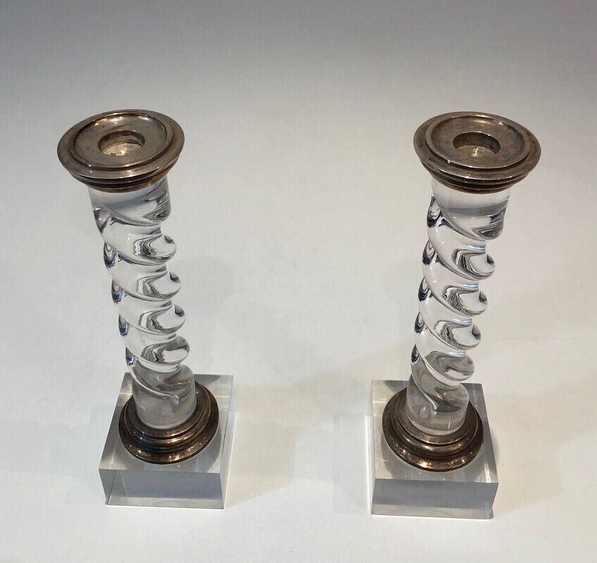 Silver Plated And Lucite Twisted Candlesticks photo for sale