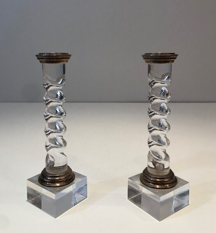 Silver Plated And Lucite Twisted Candlesticks photo vintage