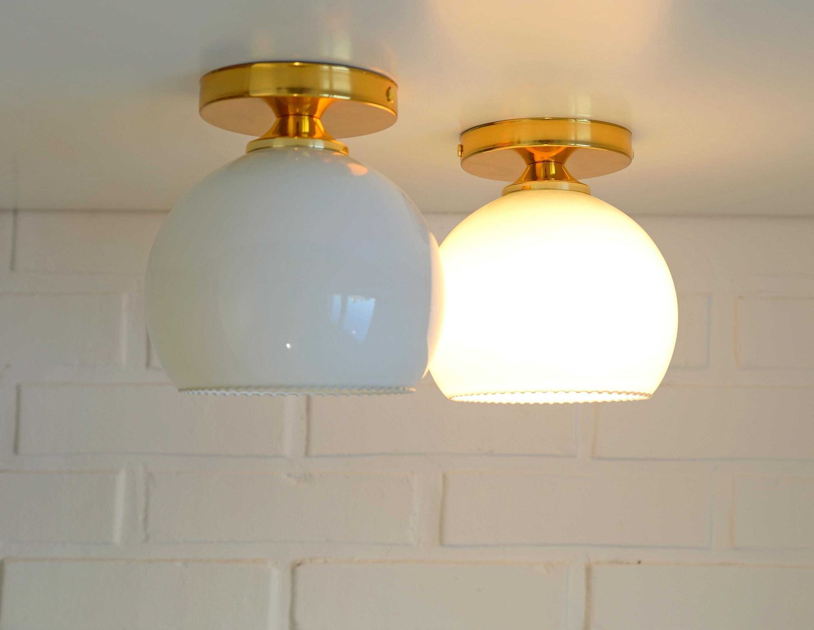 Set Of 2 Hand Blown White Glass Sconces / Redesign Vintage Gold Ceiling Lighting / Flush Mount Lights