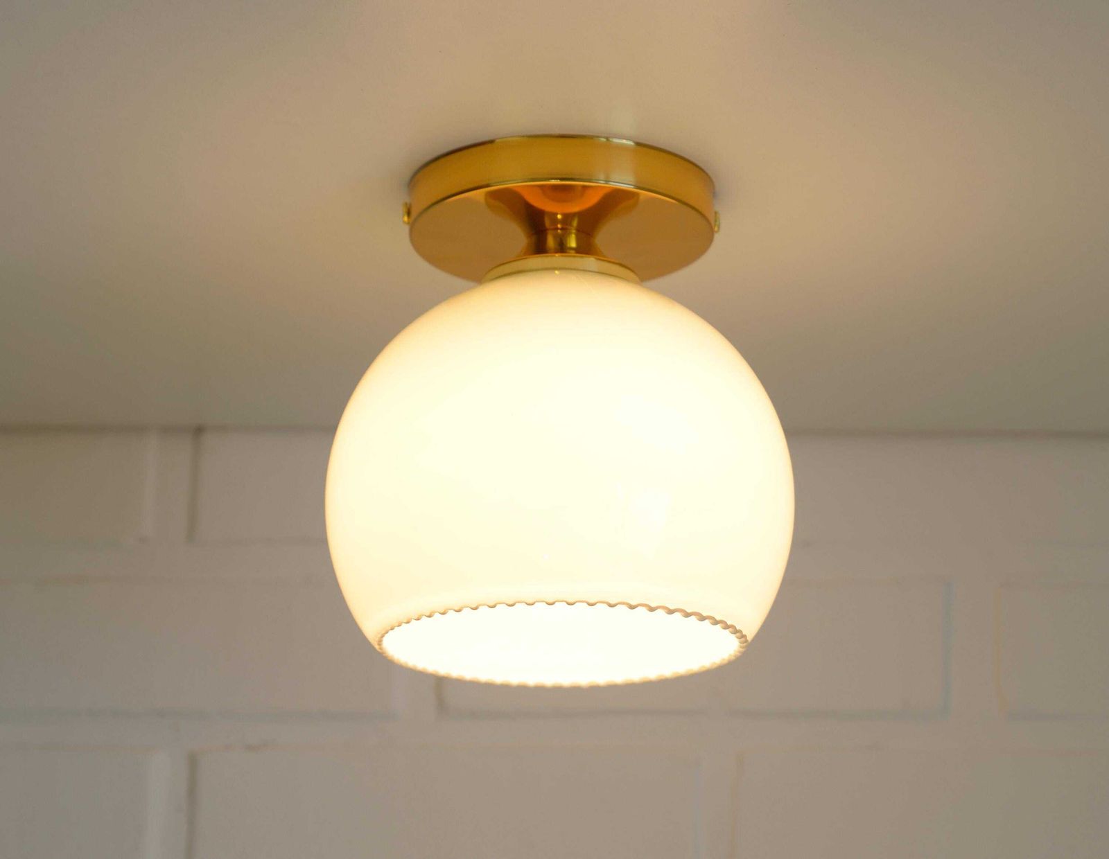 Set Of 2 Hand Blown White Glass Sconces / Redesign Vintage Gold Ceiling Lighting / Flush Mount Lights photo Lighting