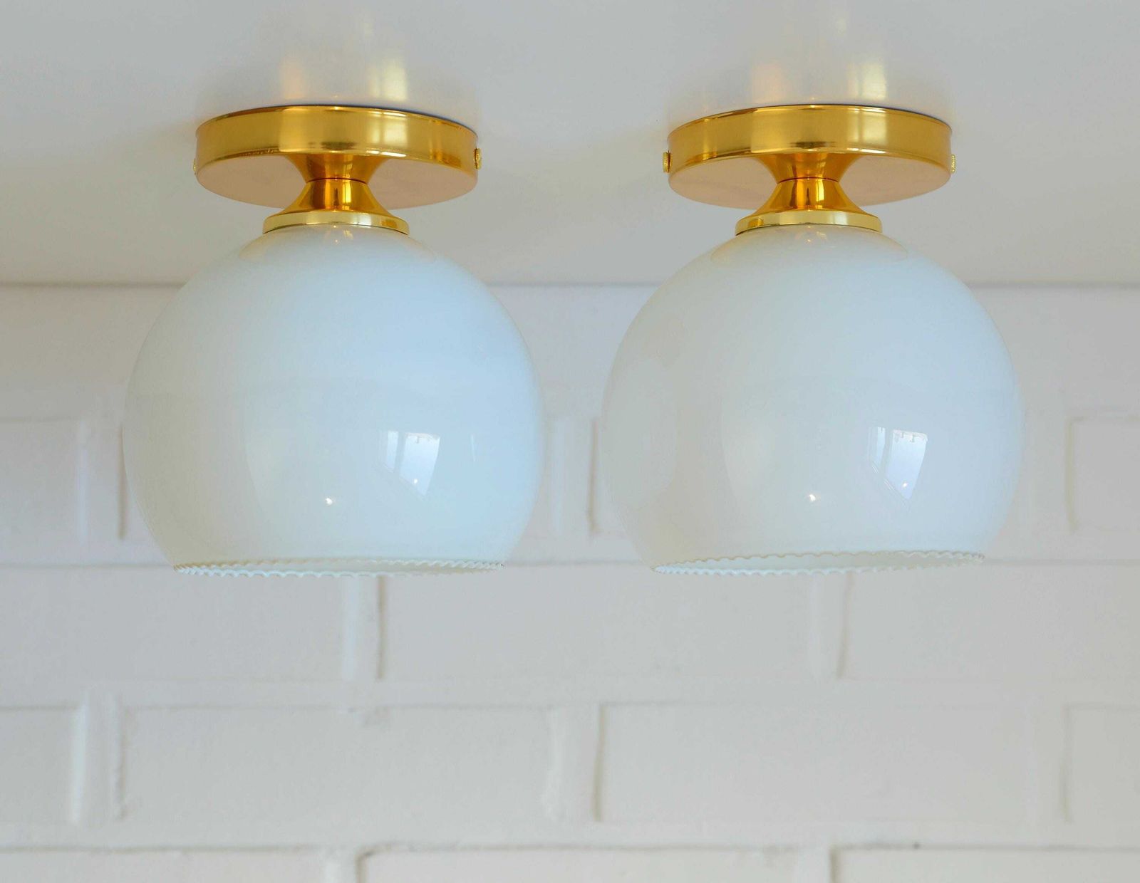 Set Of 2 Hand Blown White Glass Sconces / Redesign Vintage Gold Ceiling Lighting / Flush Mount Lights photo 206.0