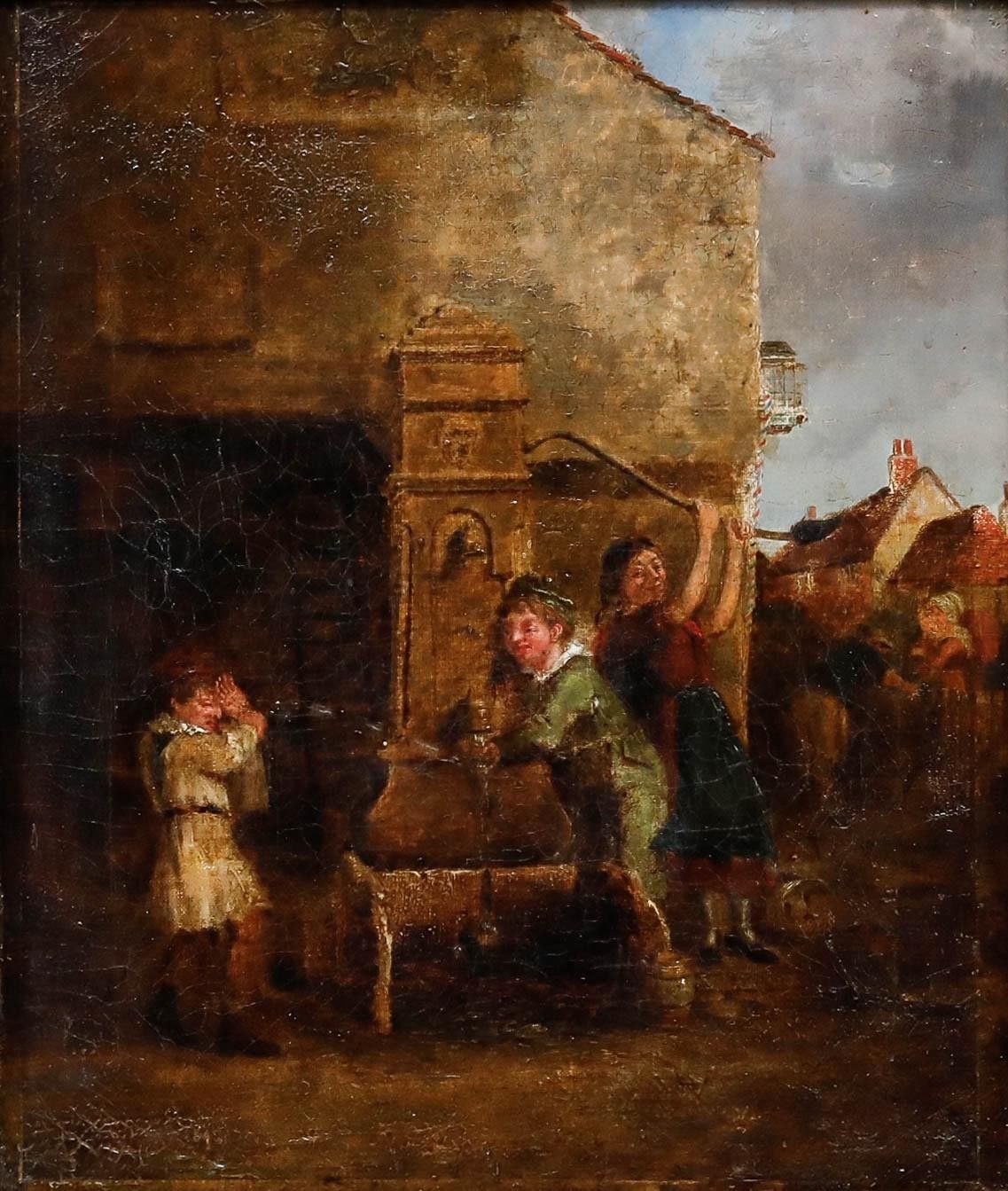 Framed 19th Century Oil A Prank At The Water Pump photo furniture