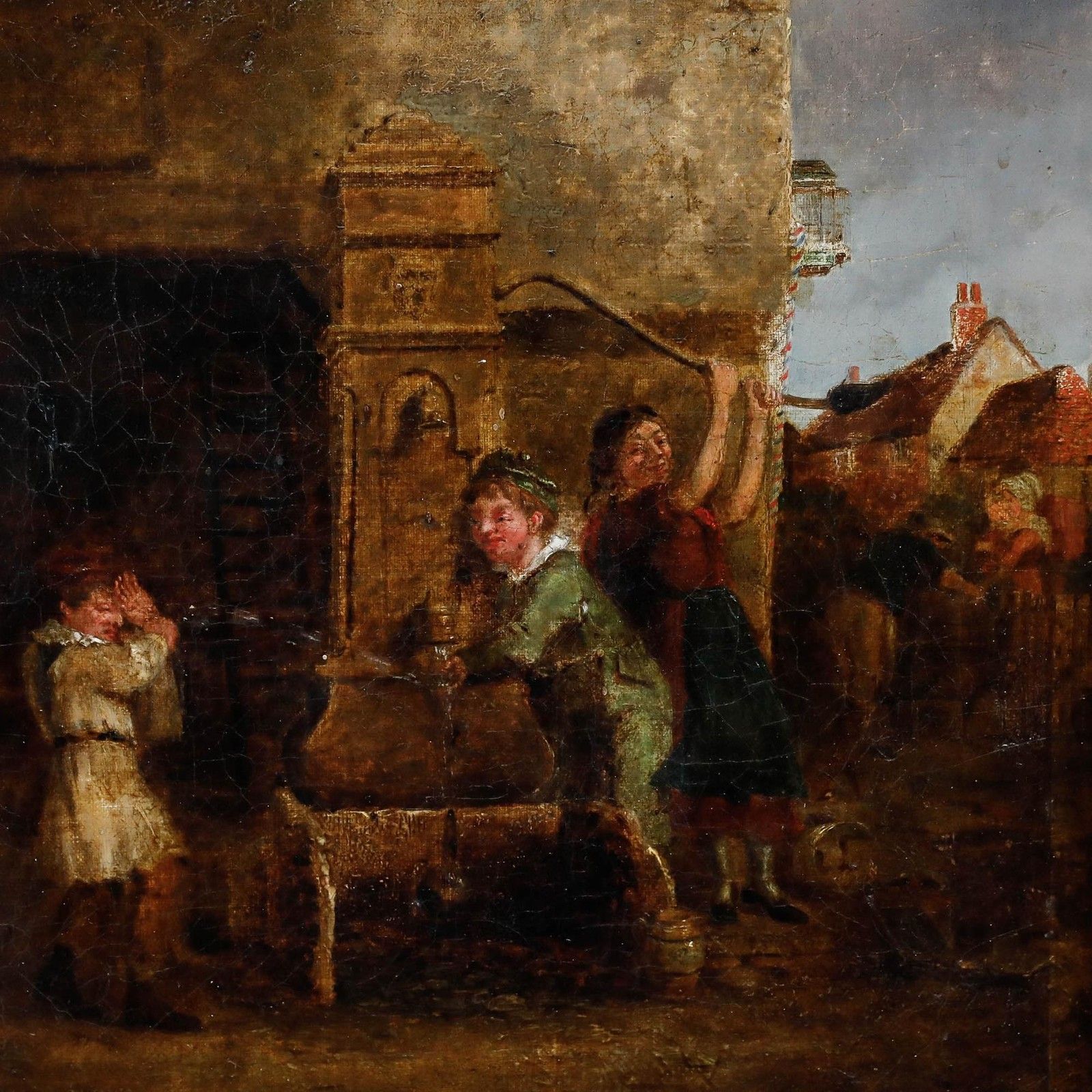Framed 19th Century Oil A Prank At The Water Pump photo Art