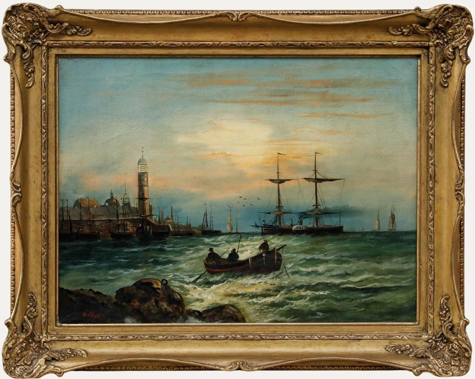 W. Haynes Framed Late 19th Century Oil, Fishing At Dusk