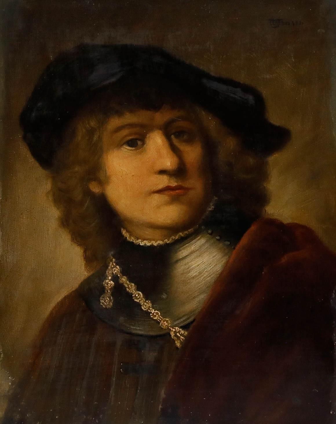 After Rembrandt Late 19th Century Oil, Self Portrait photo furniture