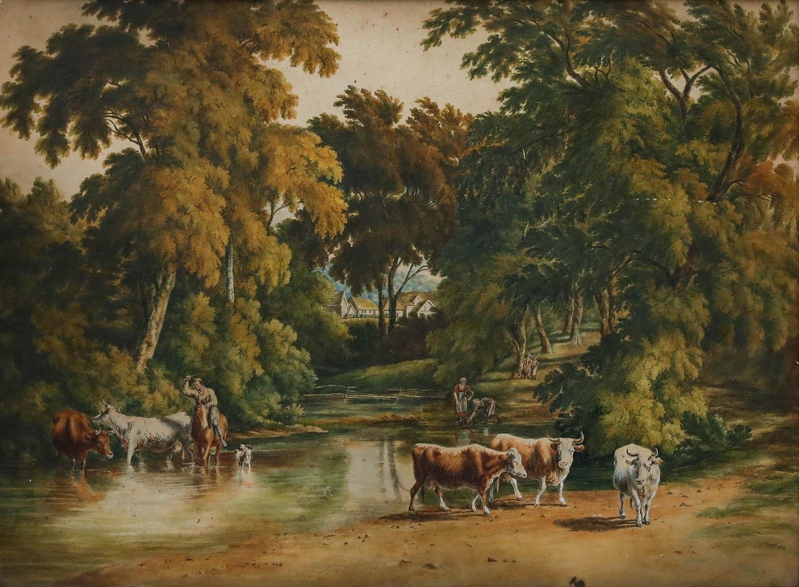 S. Hughes 1820 Watercolour, A Drover And Cattle By A Stream photo furniture