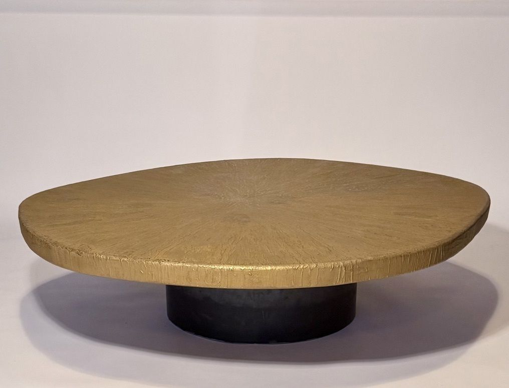 Late 20th Century Sculptural Roundish Brass Top And Blak Iron Coffee Table