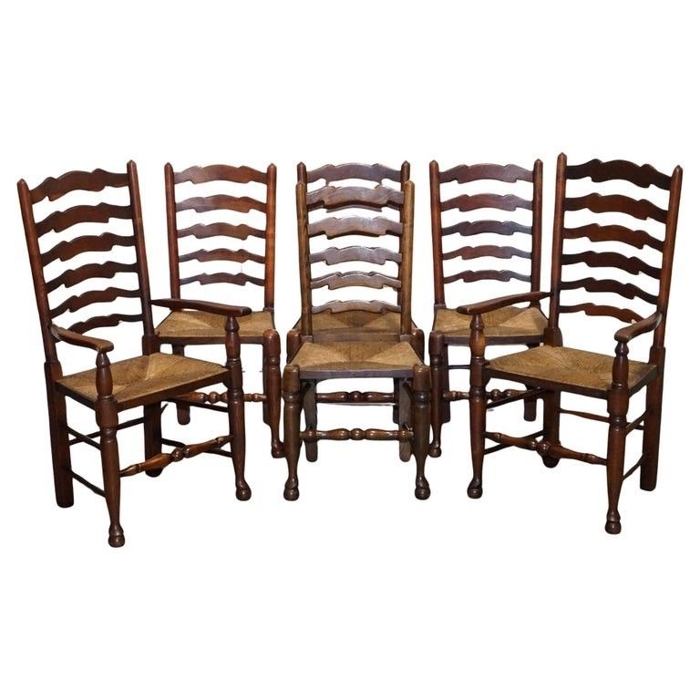 Set Of Six English Antique Circa 1910 Ladderback Rush Seat Dining Chairs