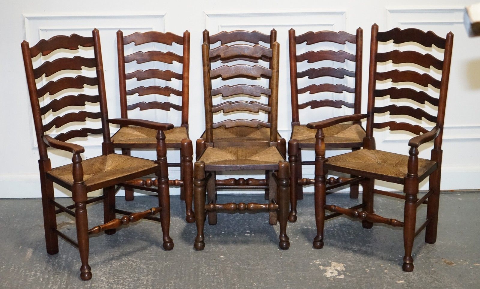 Set Of Six English Antique Circa 1910 Ladderback Rush Seat Dining Chairs photo furniture