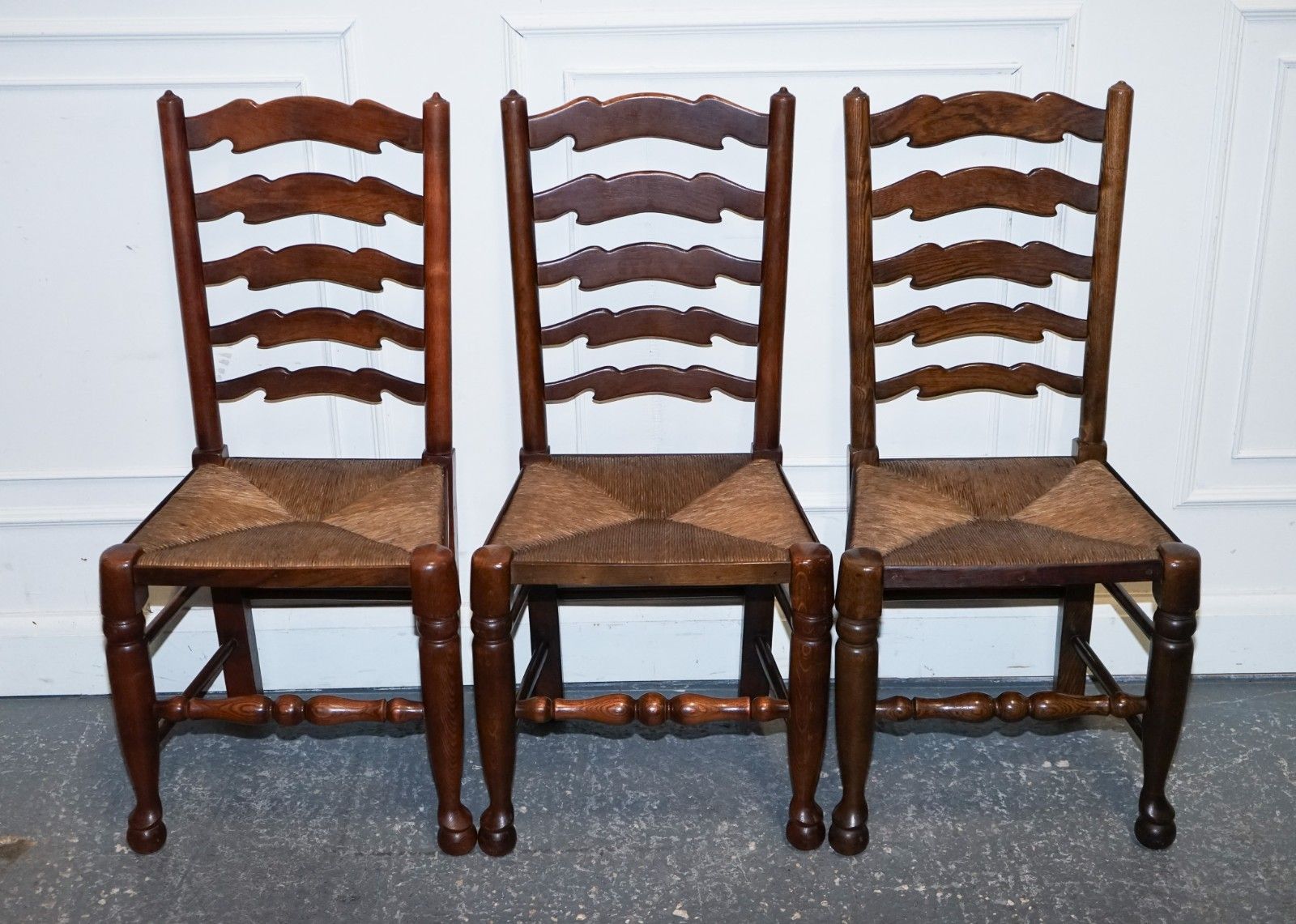 Set Of Six English Antique Circa 1910 Ladderback Rush Seat Dining Chairs photo for sale