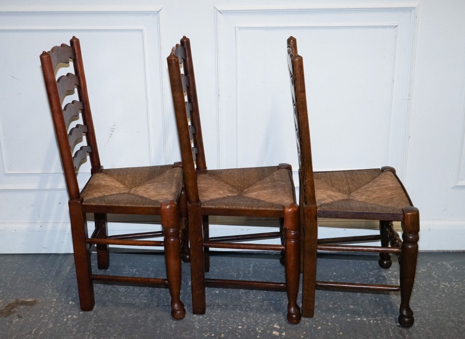 Set Of Six English Antique Circa 1910 Ladderback Rush Seat Dining Chairs photo Furniture