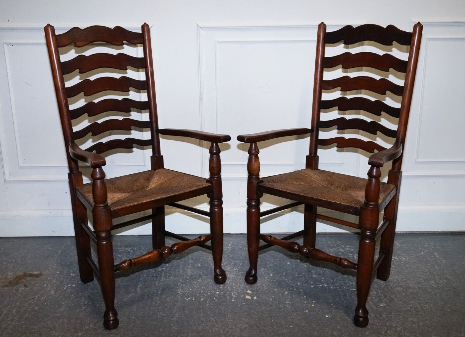 Furniture Set Of Six English Antique Circa 1910 Ladderback Rush Seat Dining Chairs photo