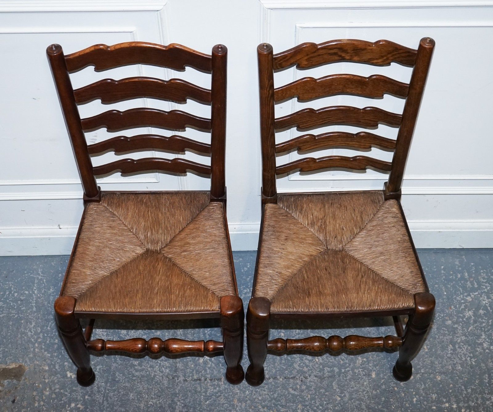 photo buy Set Of Six English Antique Circa 1910 Ladderback Rush Seat Dining Chairs