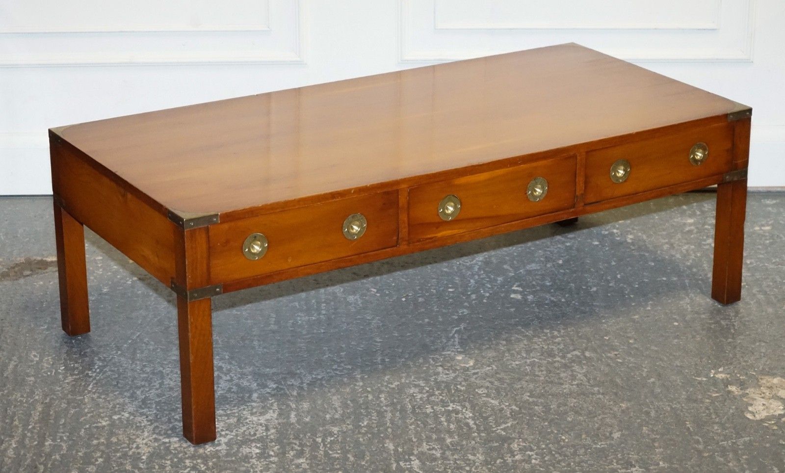 Vintage Burr Yew Wood Brass Military Campaign 3 Drawer Coffee Table photo furniture