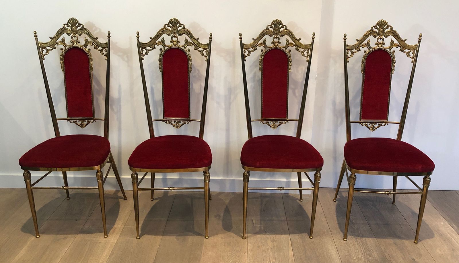 2550.0 Set Of 4 Brass And Red Velvet Chairs photo