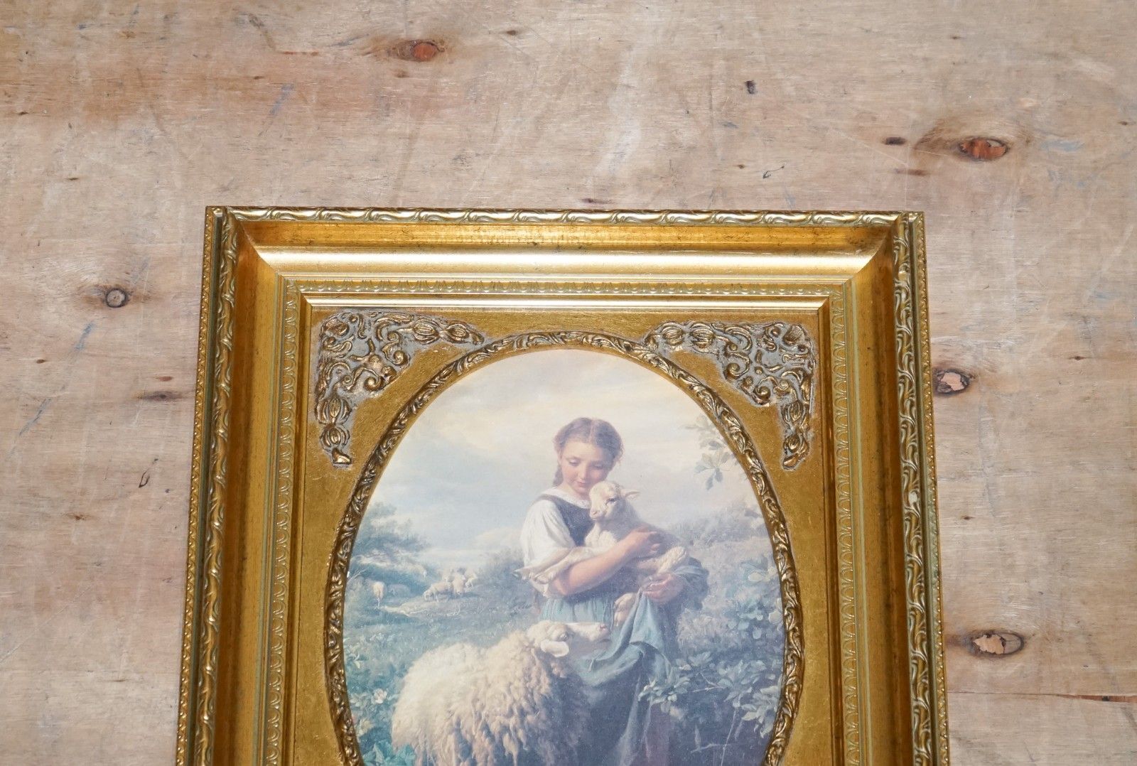 Vintage Victorian Style Print Young Shepherdess Gitled Frame 53 X 42 Cm photo for sale