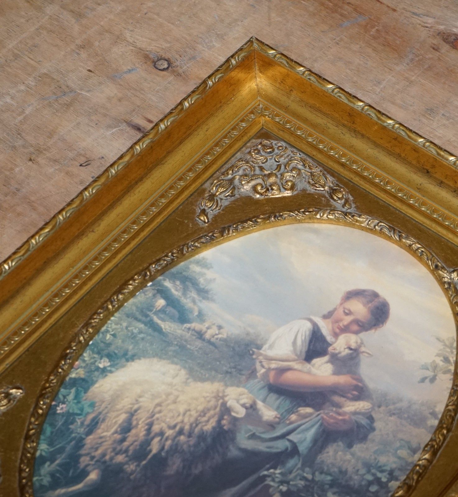 Vintage Victorian Style Print Young Shepherdess Gitled Frame 53 X 42 Cm photo 250.0