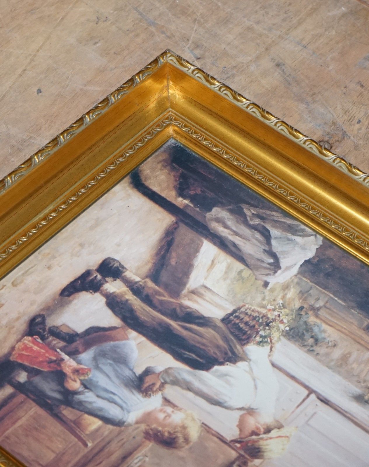Vintage Victorian Style Print Cozy Kitchen Scene Gitled Frame 52 X 42 Cm photo vintage