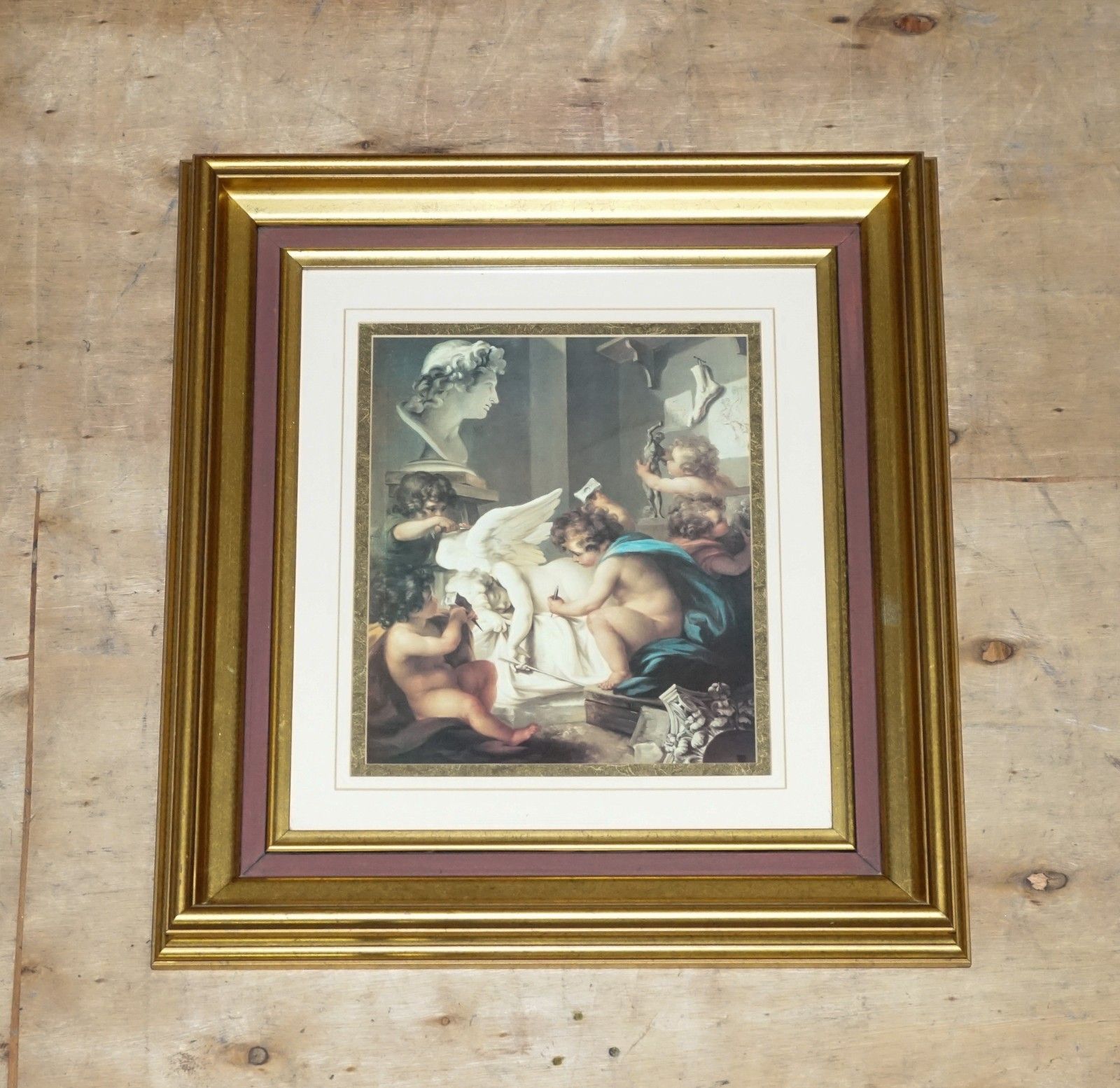 Vintage Renaissance Style Print Cherubs Sculpting An Angel Gold Frame 58 X 53 Cm photo furniture